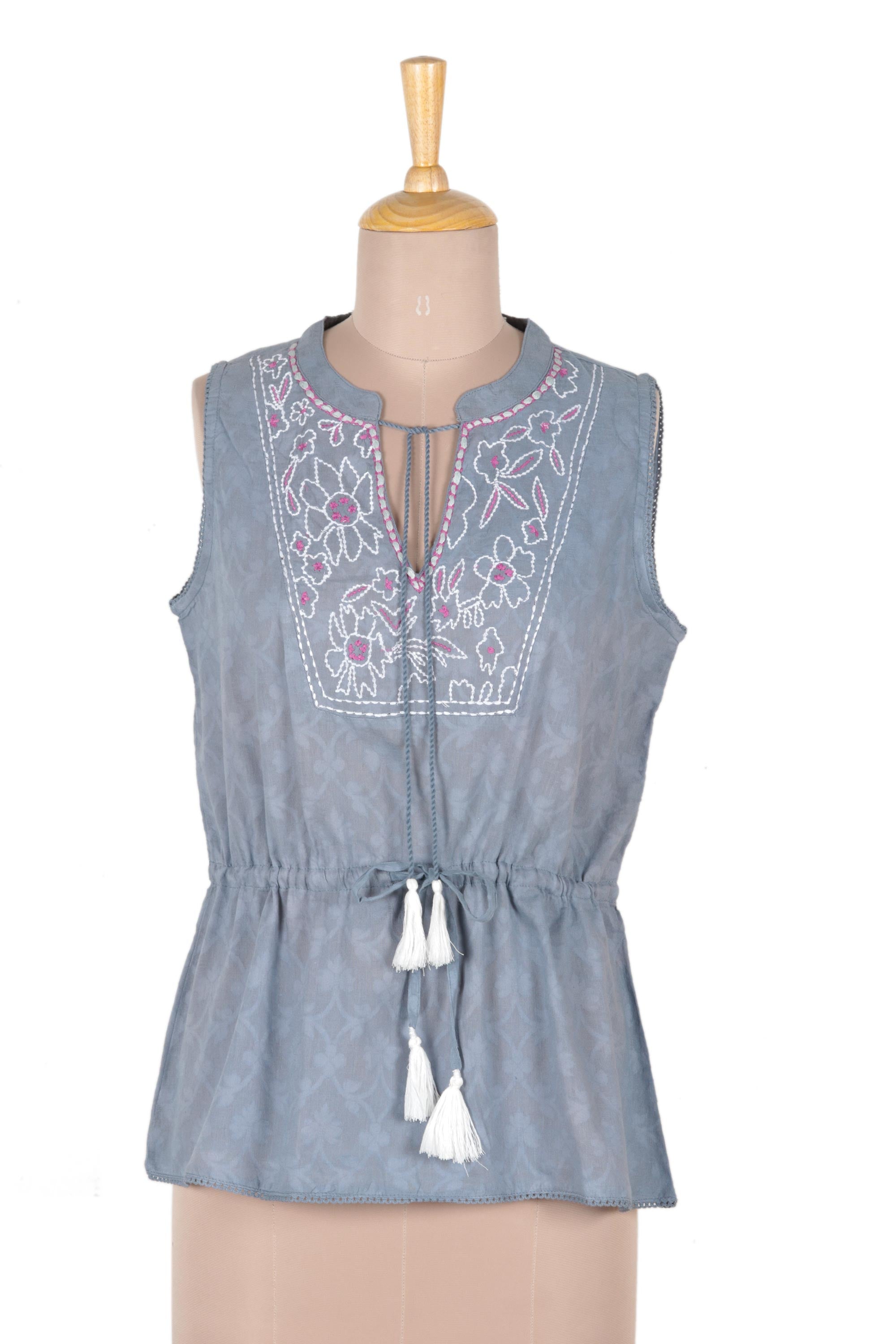 Premium Blue Cotton Sleeveless Blouse with Embroidered Floral Details