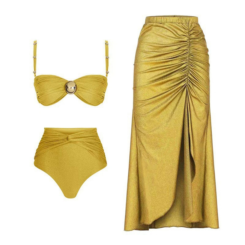 Premium Metallic Accent High-Waist Bikini Set – Ultimate Summer Glam