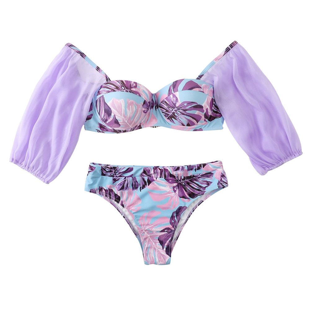 Ultimate Fairy Cheeky Leaf Print Puff Sleeve Push-Up Bikini Set