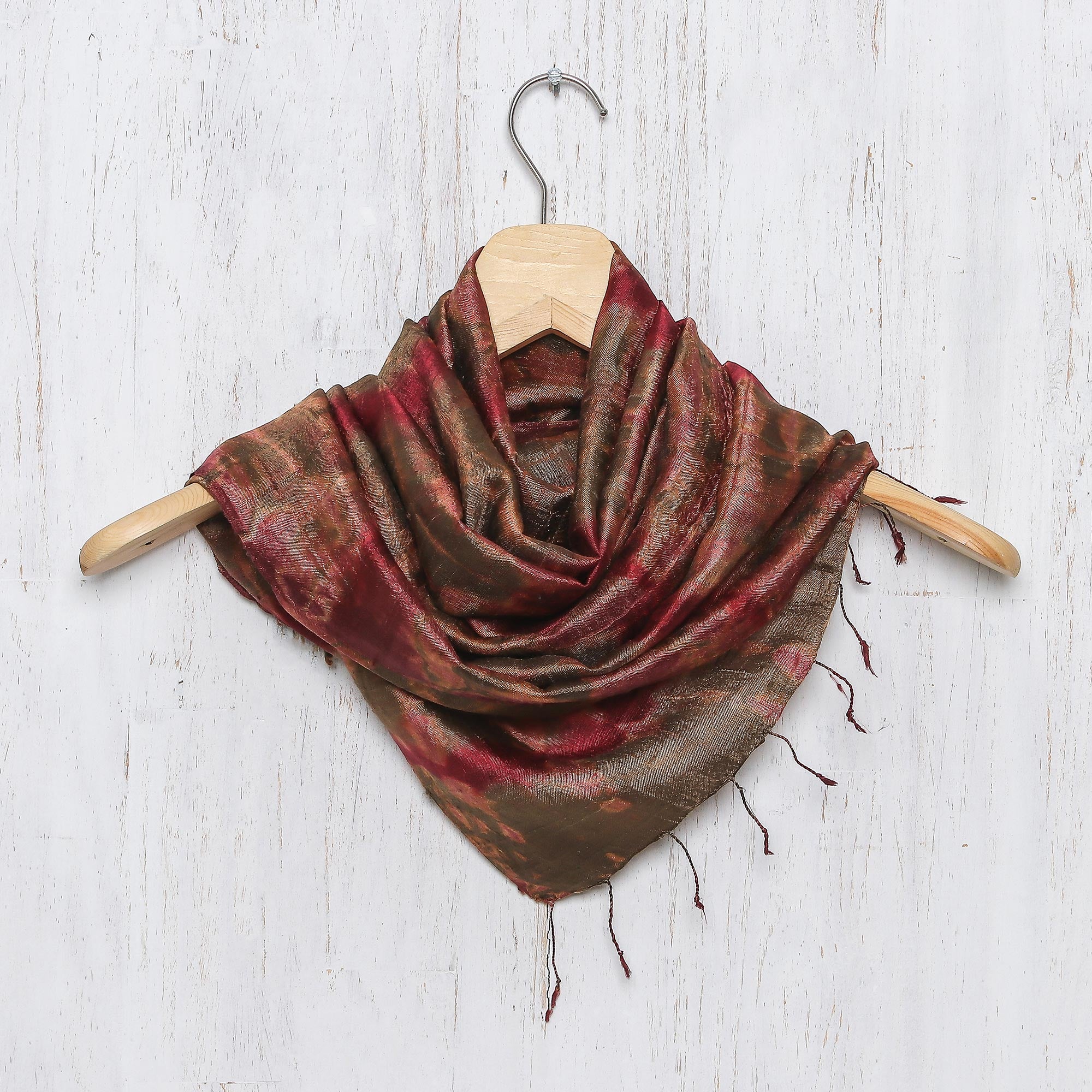 Premium Macaw-Inspired Tie-Dyed Silk Scarf in Claret & Avocado