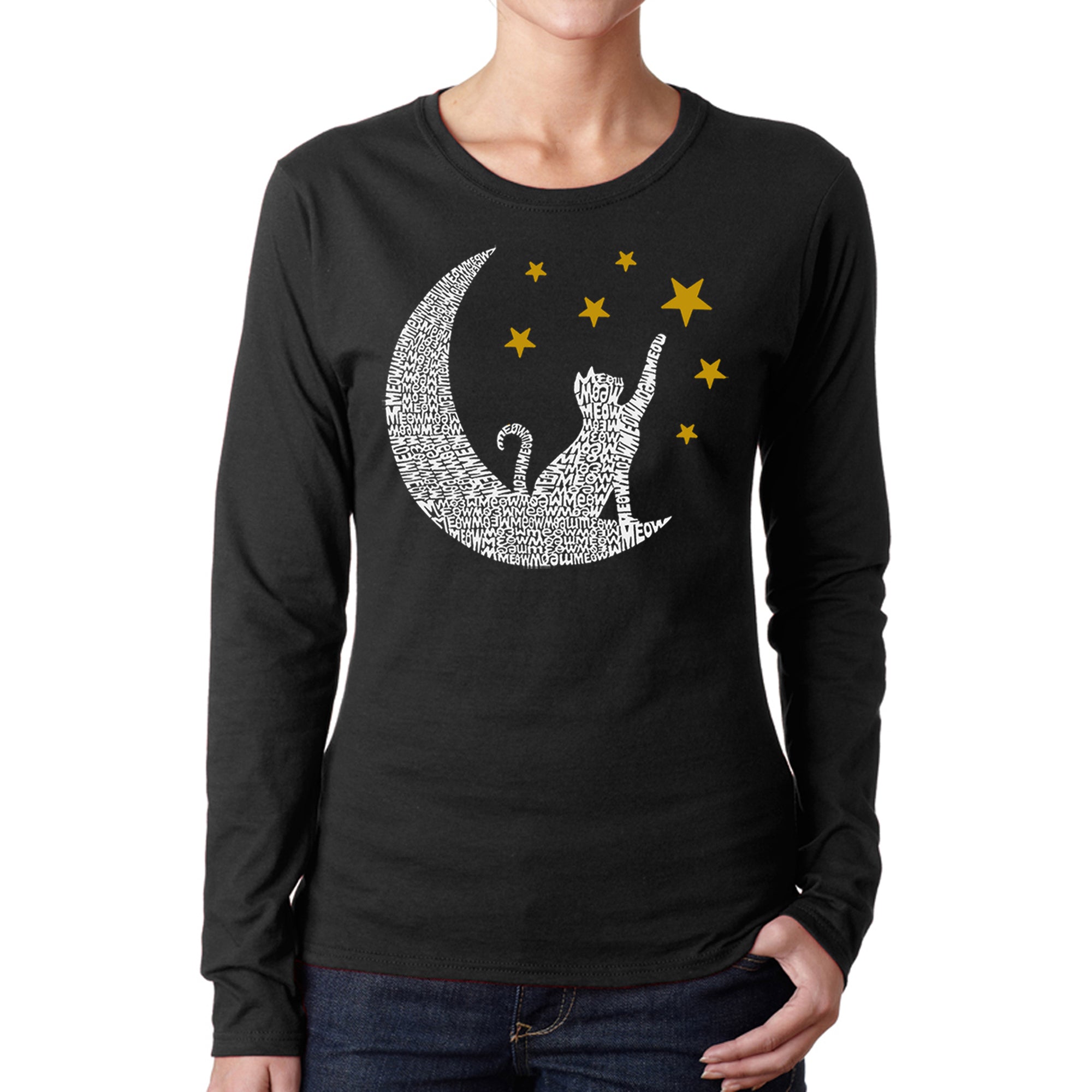 Premium Cat Moon Women's Long Sleeve Tee - Unique Word Art Design