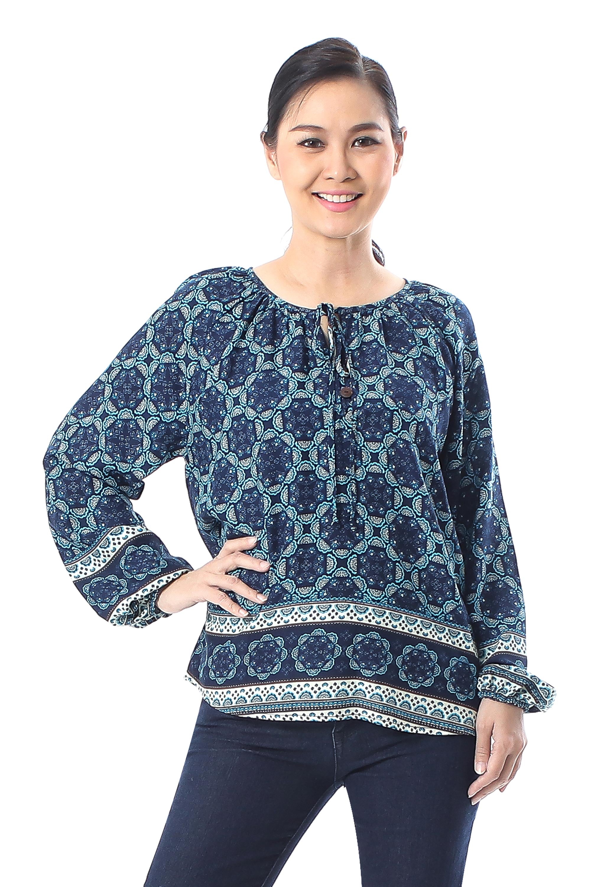 Premium Blue Rayon Blouse with Floral Motif - Elegant Evening Wear