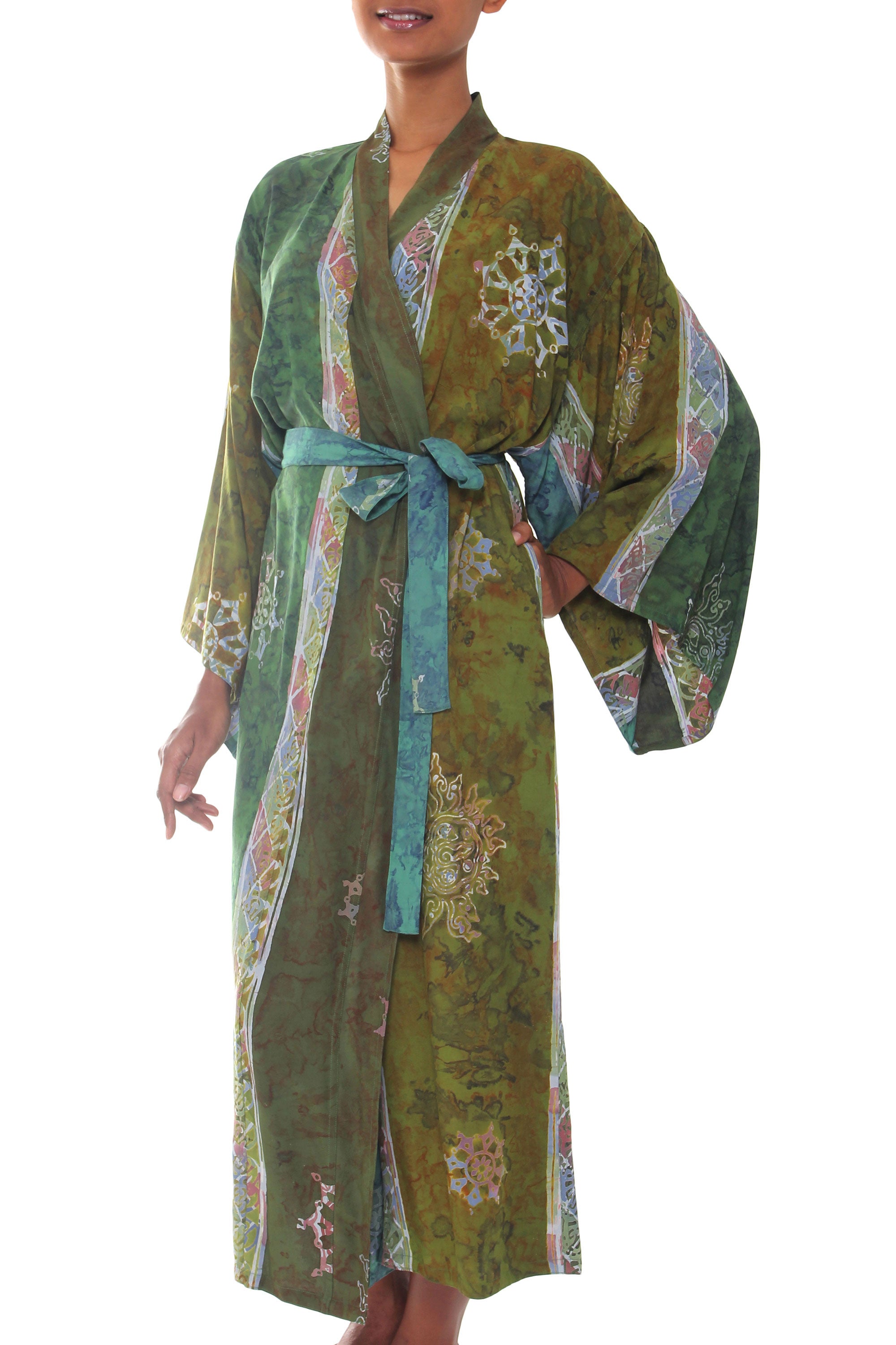 Premium Handmade Batik Women's Robe in Emerald Hues - Bali Inspired