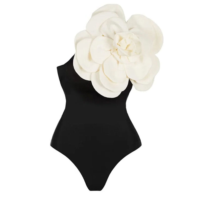 Vogue Bicolor 3D Flower Sleek One Shoulder Brazilian Swimsuit