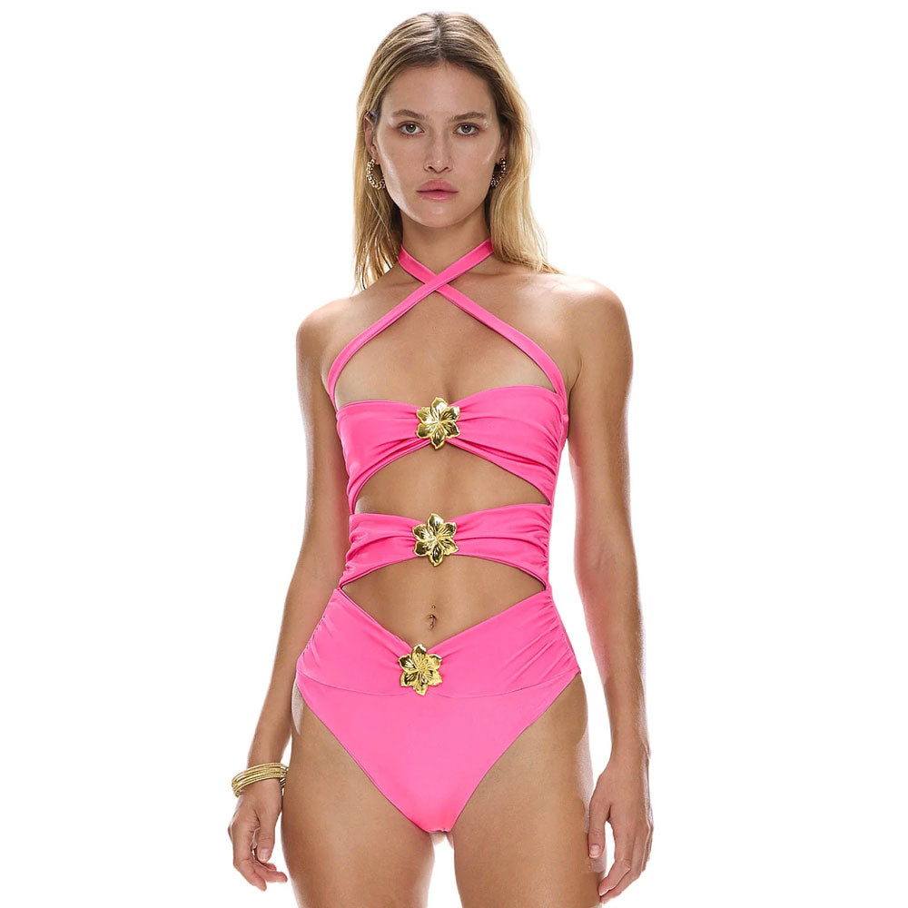 Ultimate Metallic Flower Wrap Halter One-Piece Swimsuit - Bold & Glamorous