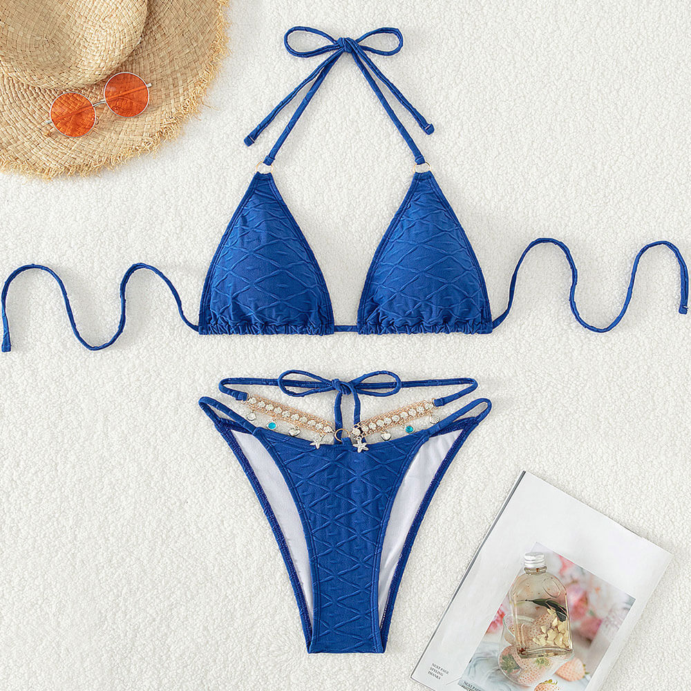 Premium Rhinestone String Cheeky Bikini Set - Ocean Blue Textured Swimwear