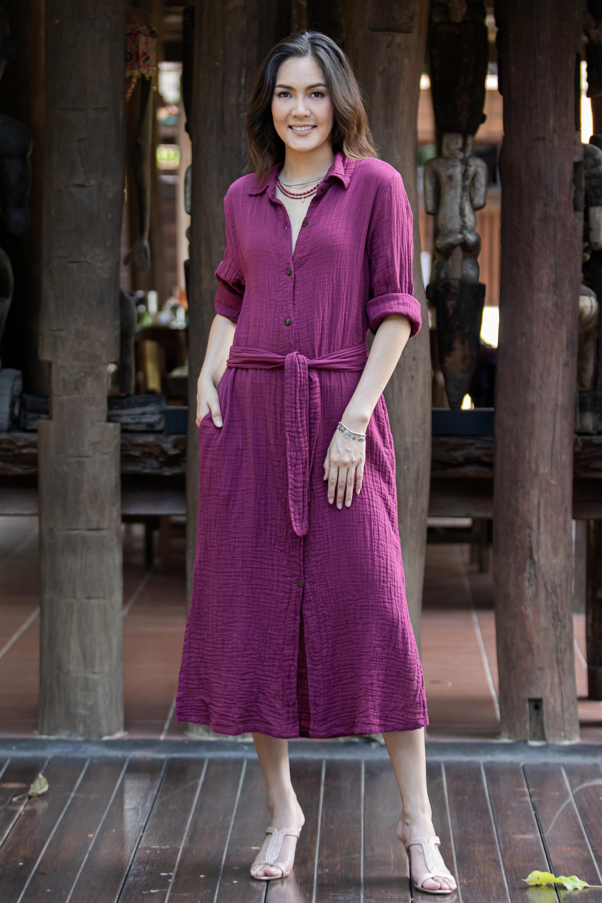 Premium Maroon Cotton Shirtwaist Dress – Handmade in Thailand