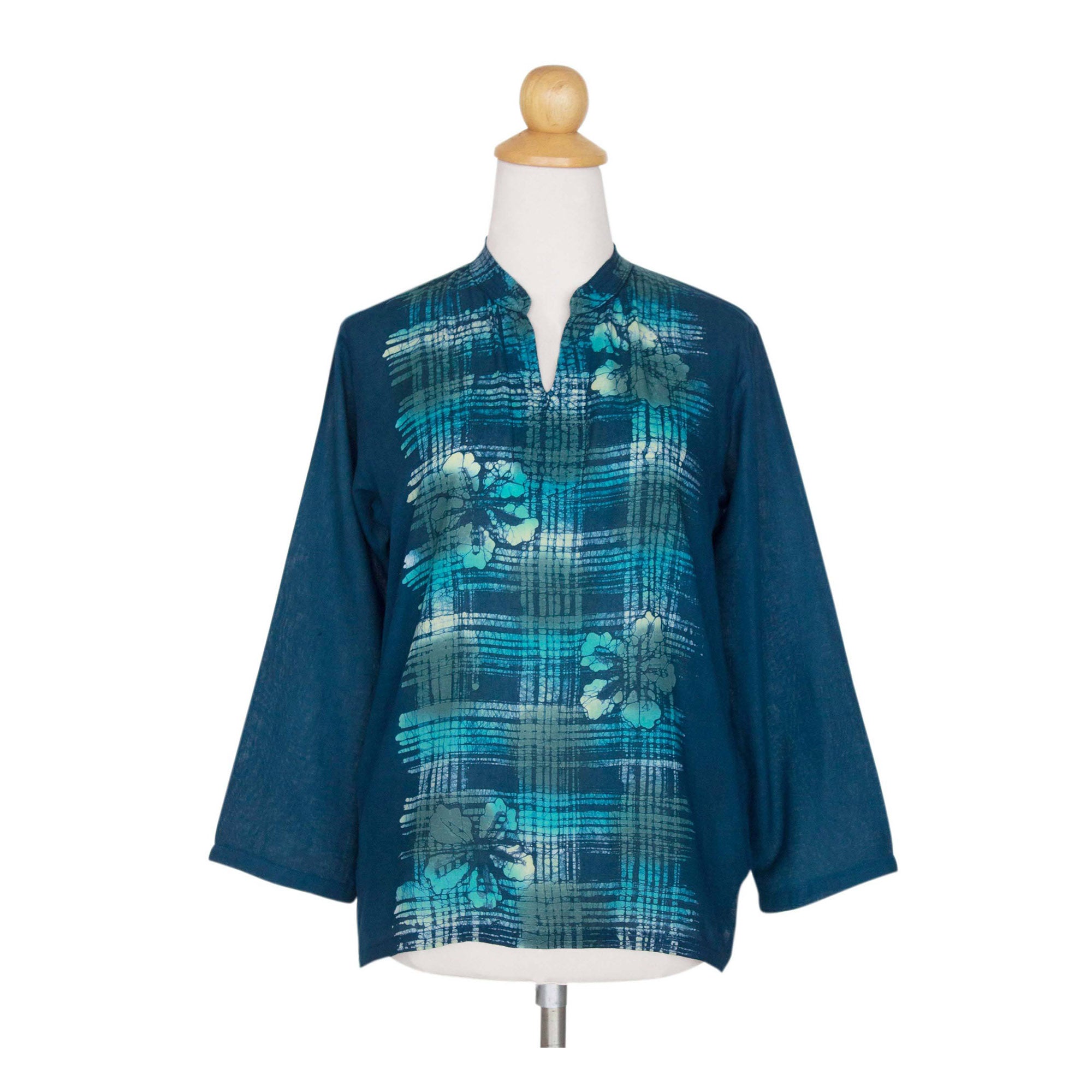 Premium Teal Thai Hibiscus Cotton Batik Tunic - Handmade & Fair Trade