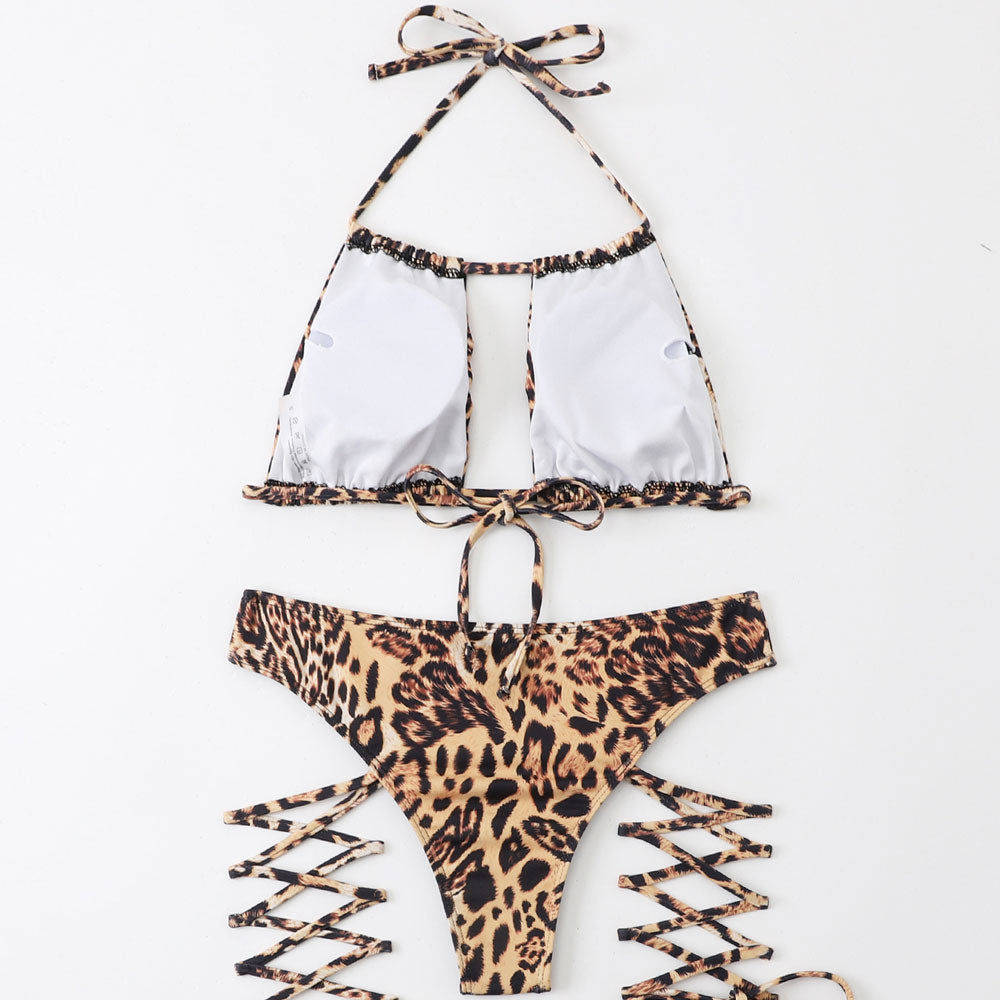 Premium Leopard Print Cutout Halter Brazilian Bikini Set