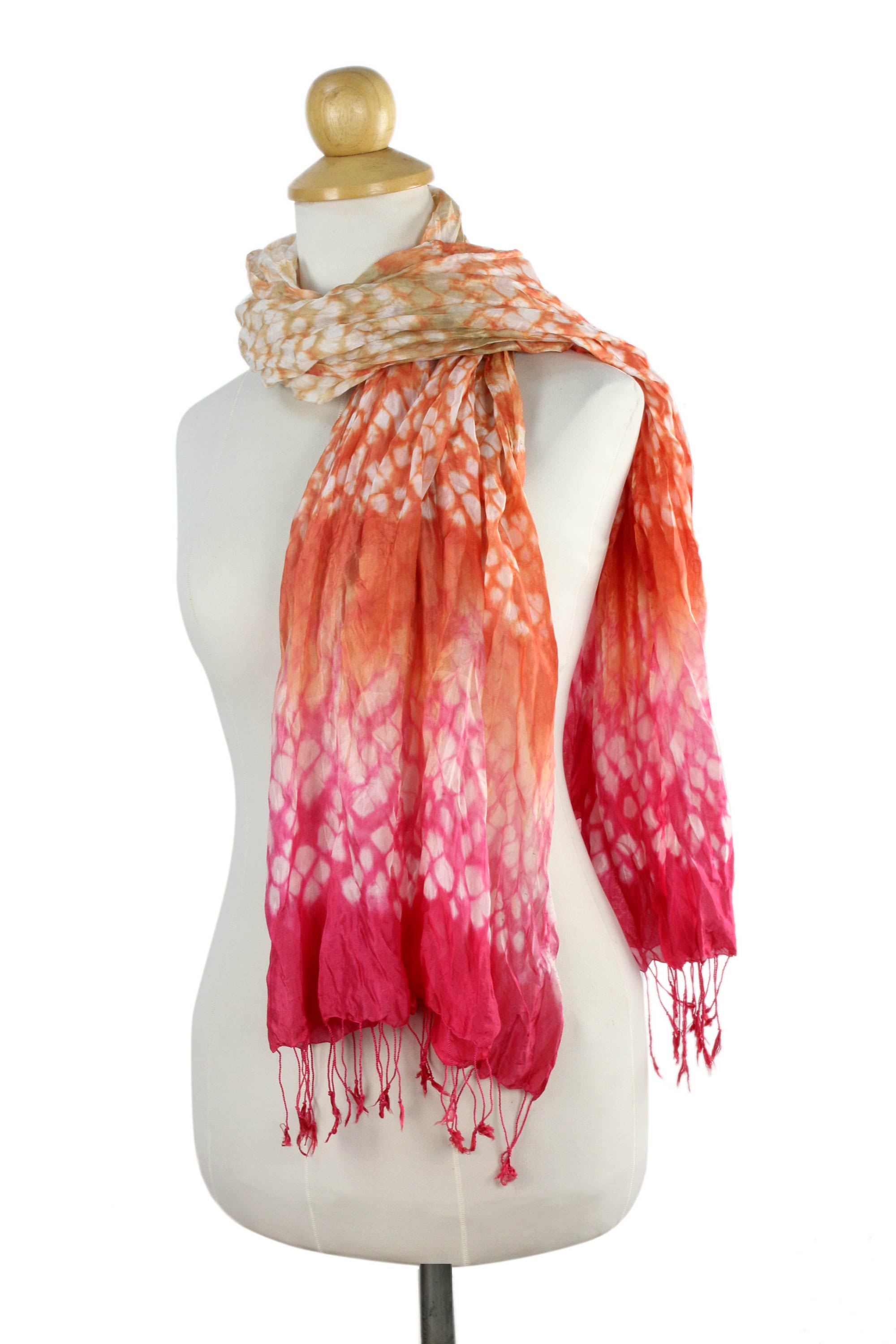 Premium Silk Blend Tie Dye Scarf in Peach, Orange & Pink