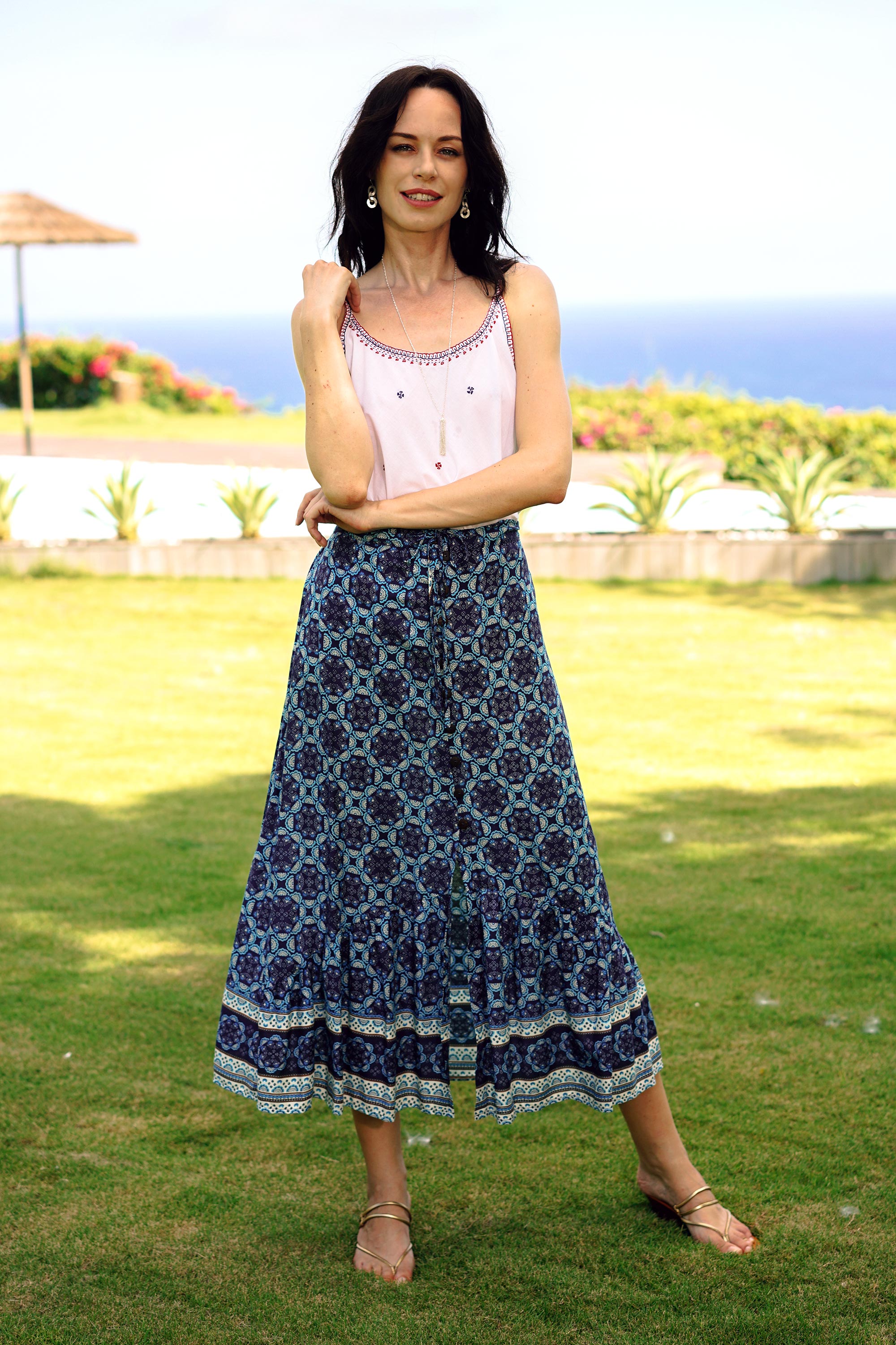 Premium Blue Rayon Maxi Skirt with Floral Motif - Elegant Evening Wear from Thailand