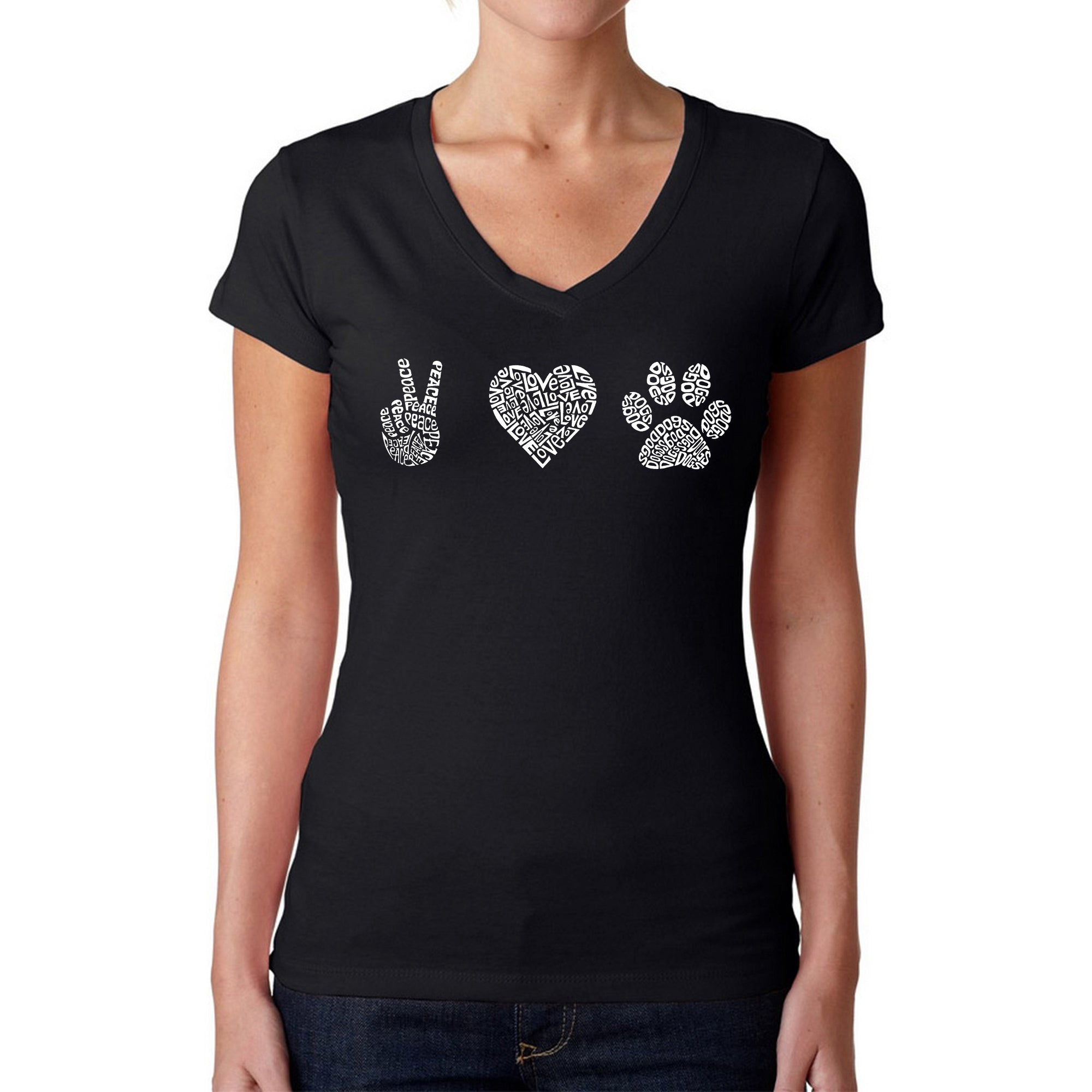 Premium Women's Peace Love Dogs Word Art V-Neck T-Shirt - Ultimate Dog Lover's Essential