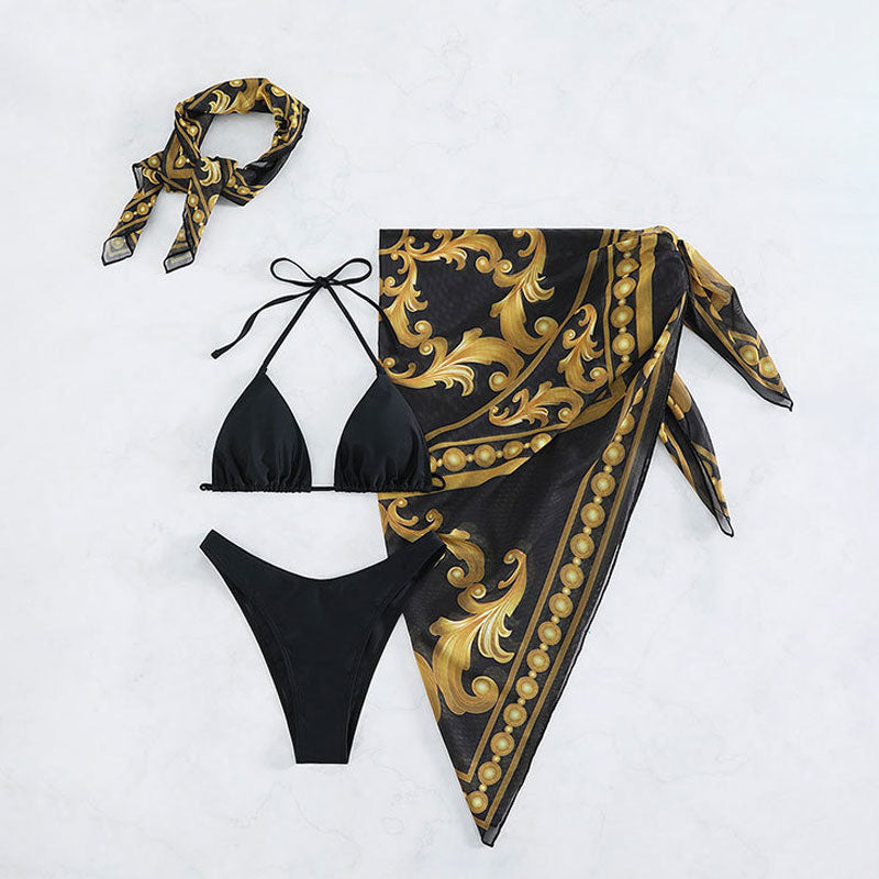 Premium Ethnic Floral Bikini Set with Mesh Sarong - Ultimate Beachwear Collection