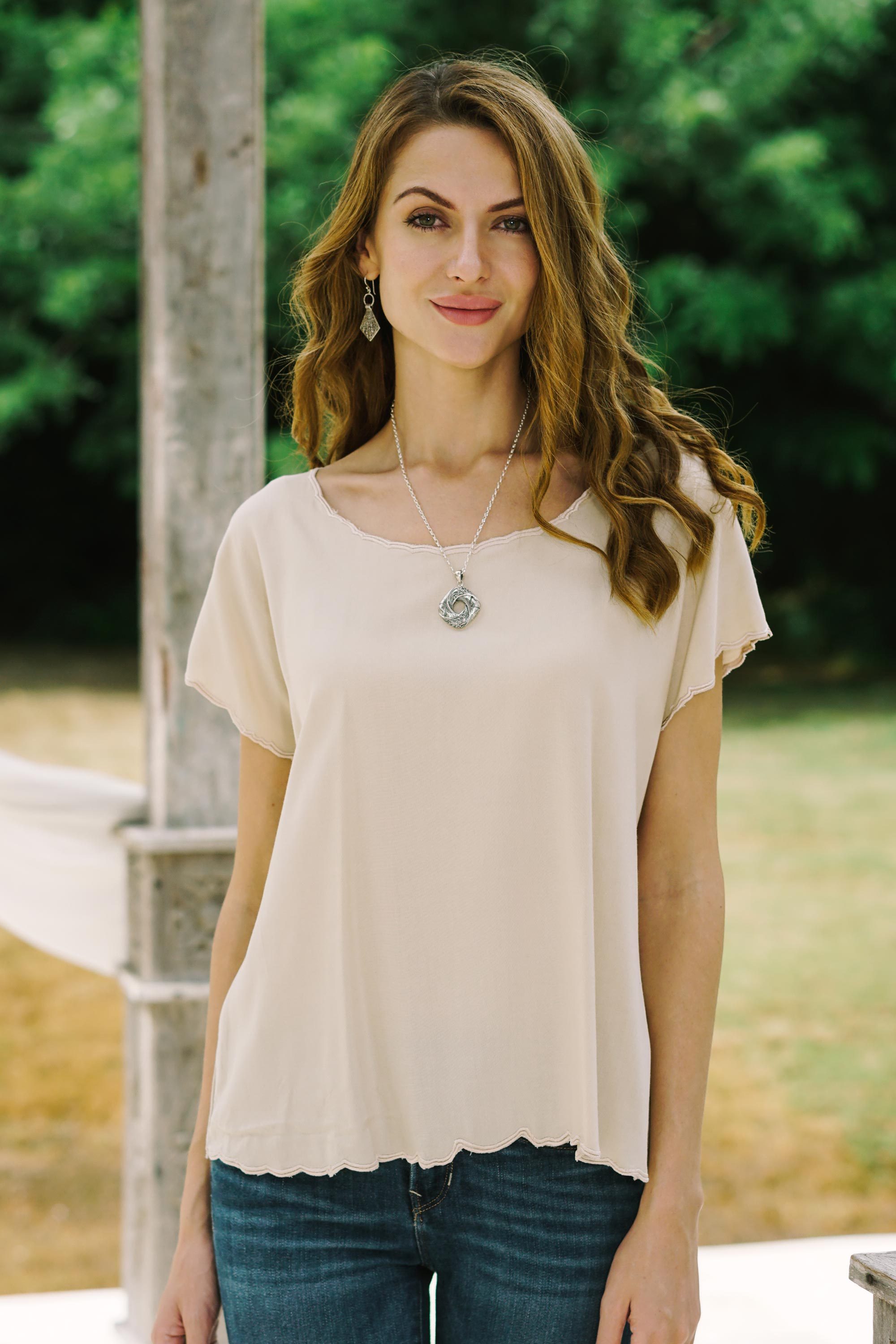 Premium Timeless Tee: Ivory Rayon Blouse with Artisan Embroidery