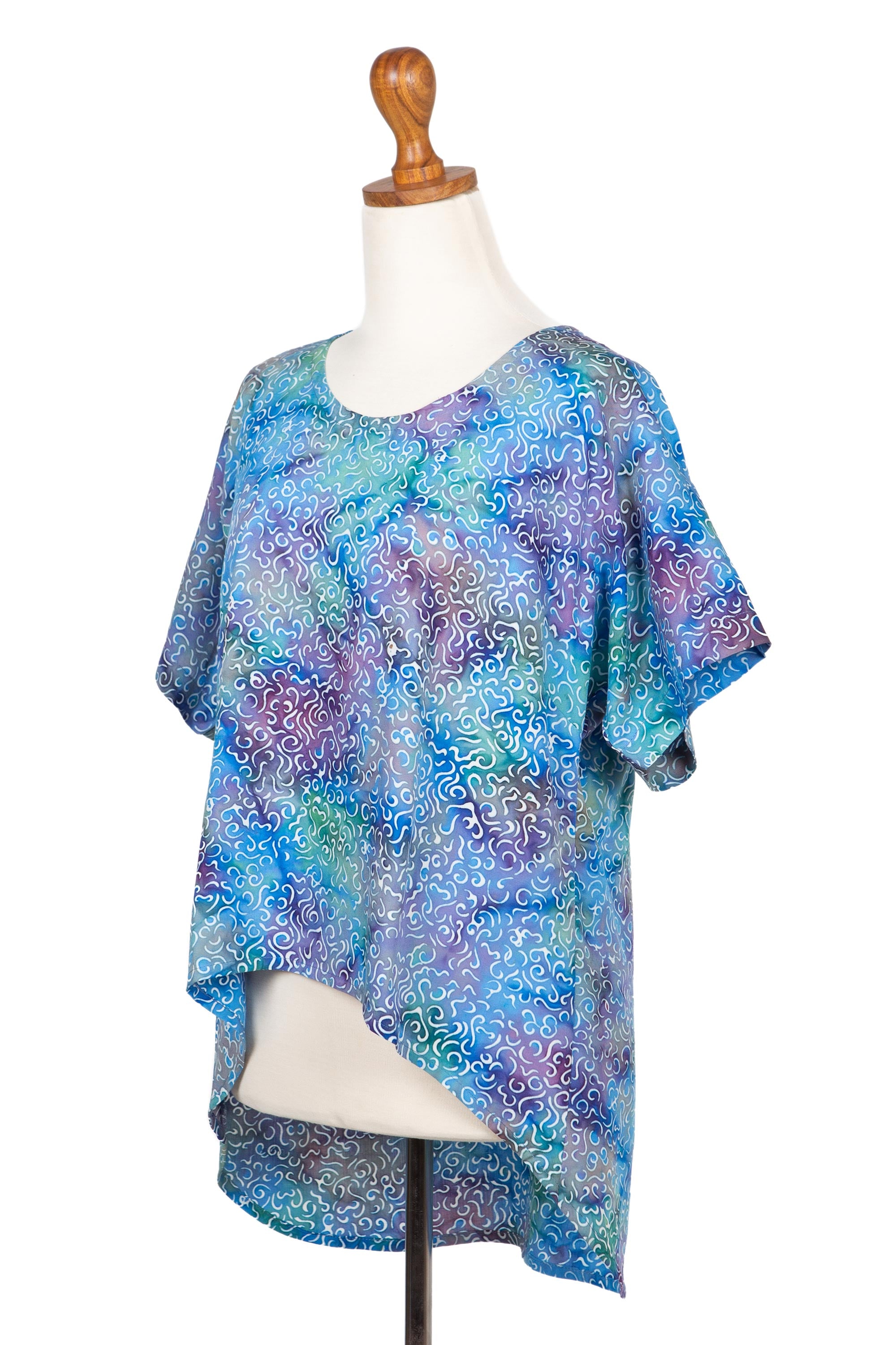 Premium Rainbow Seascape Rayon Batik Blouse - Handcrafted Hi-Low Design