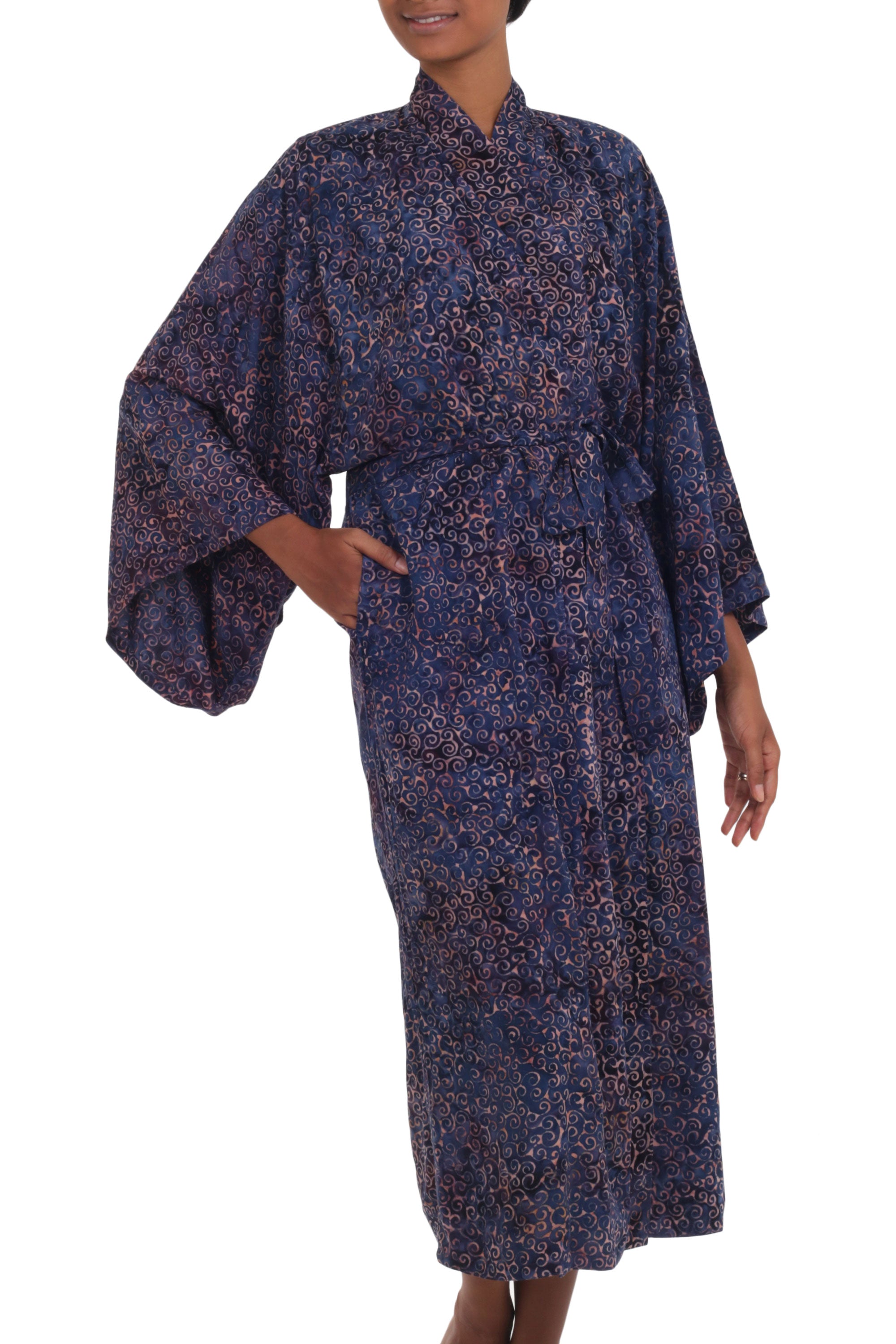 Premium Handcrafted Blue & Peach Batik Rayon Robe - Balinese Artisan Design