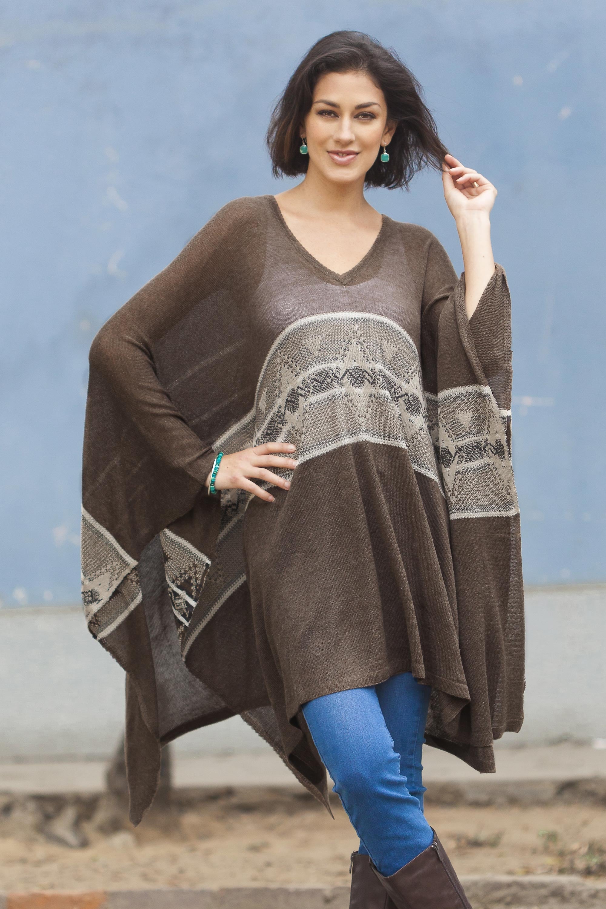 Premium Peruvian Woven Poncho - Dark Brown with Cream Stripe