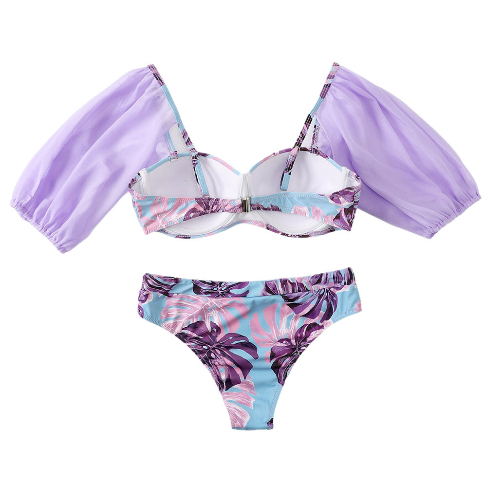 Ultimate Fairy Cheeky Leaf Print Puff Sleeve Push-Up Bikini Set