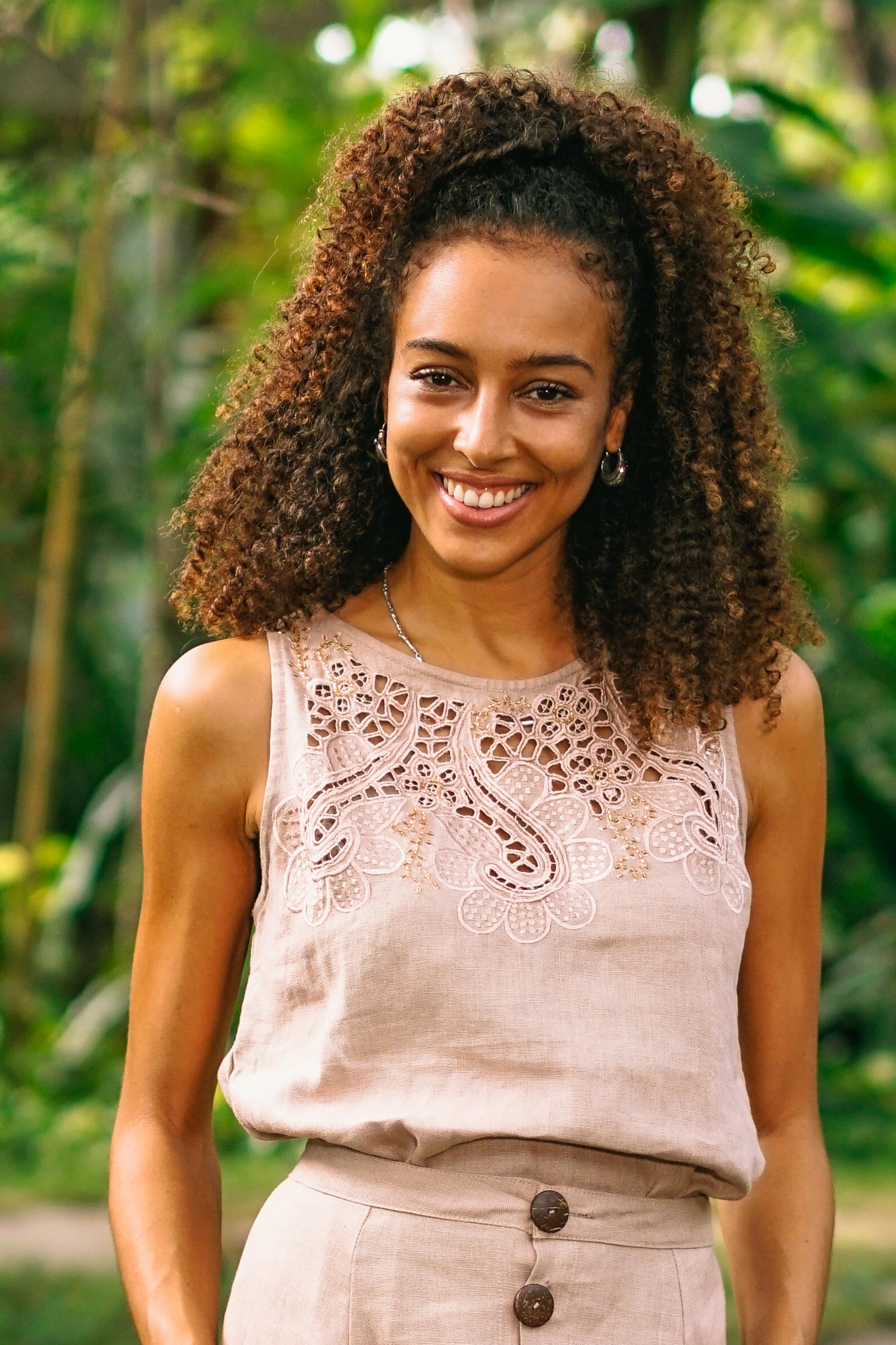 Premium Hand-Embroidered Linen Blouse - Natural Balinese Elegance