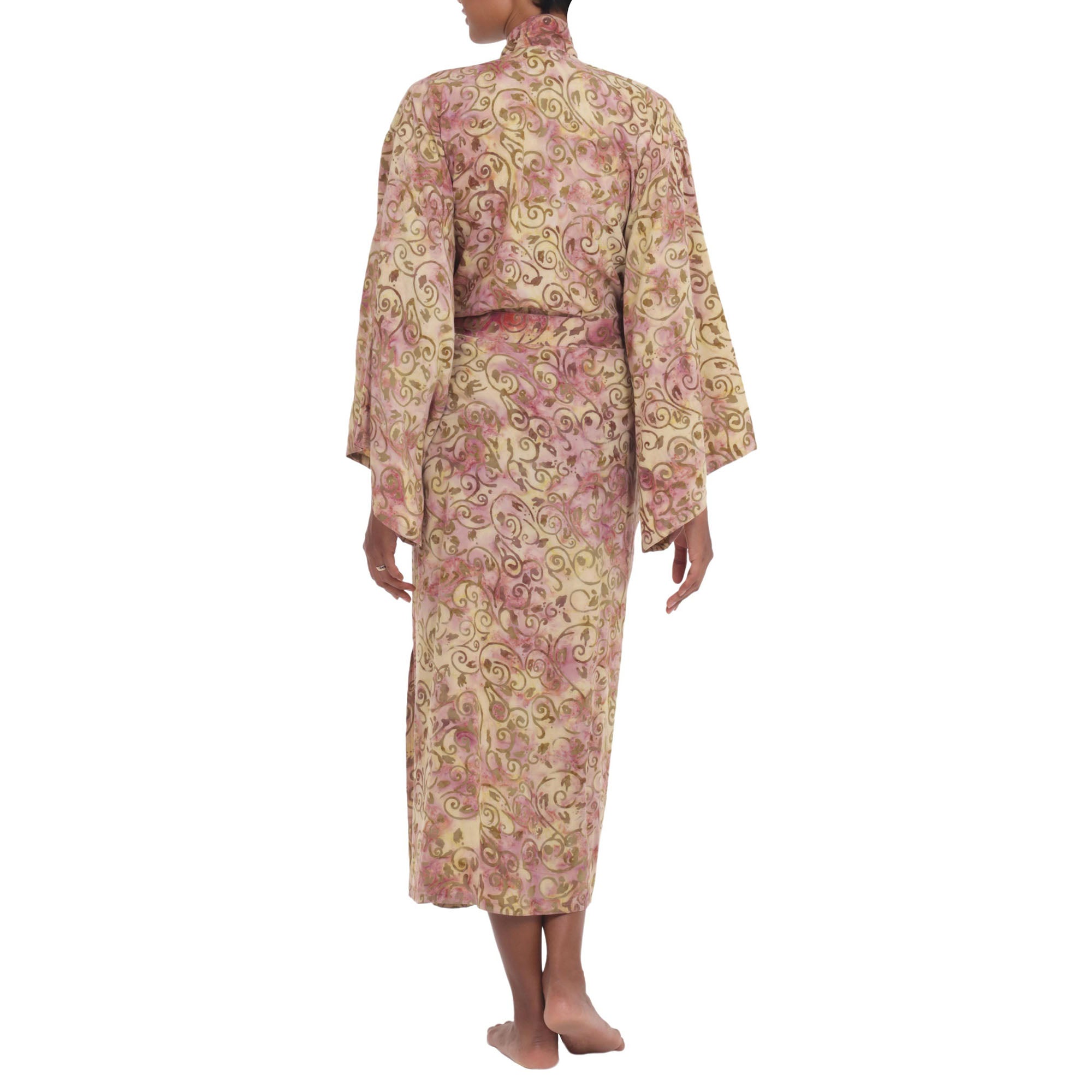 Premium Floral Rayon Batik Robe - Beige & Magenta