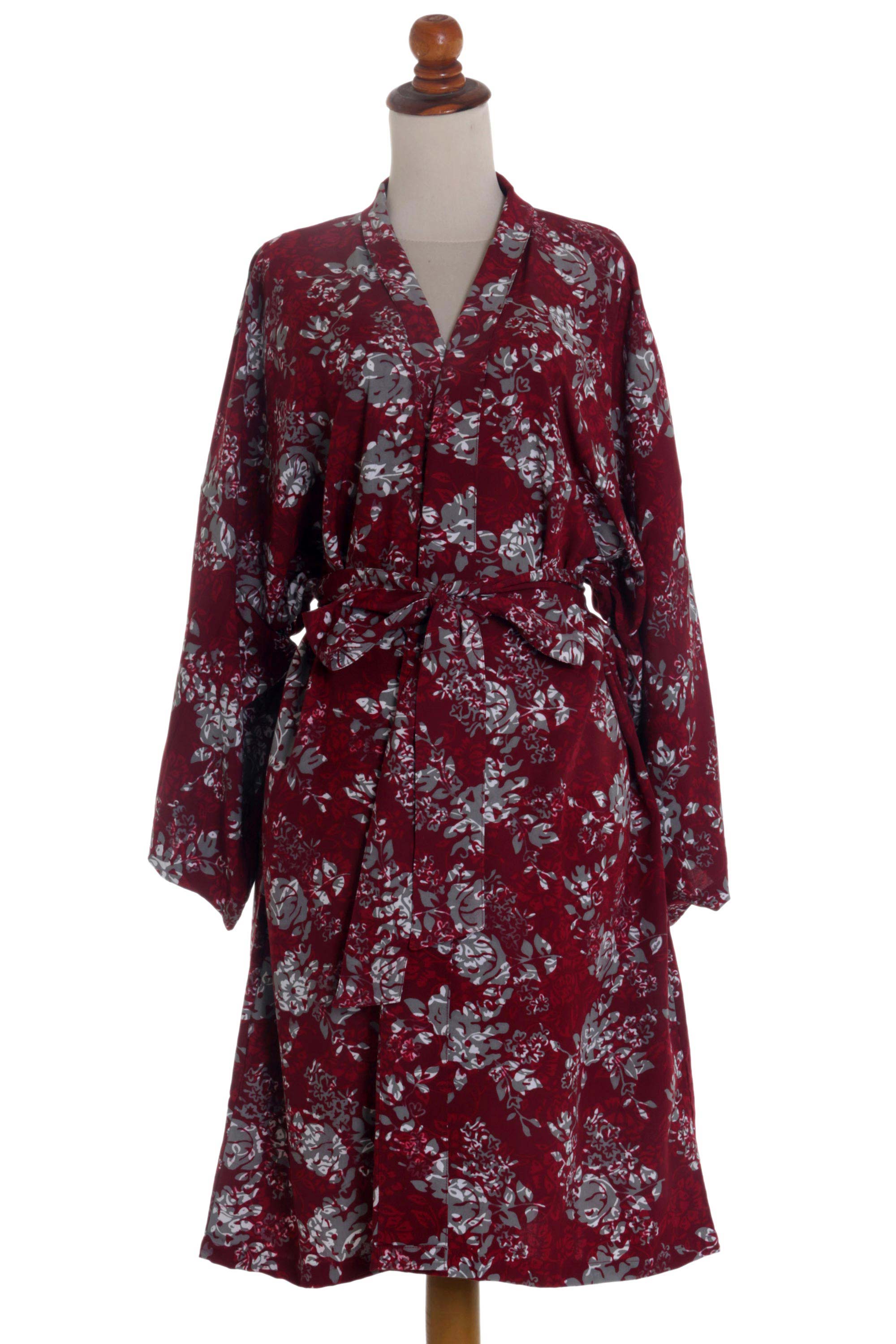 Premium Claret Grey Batik Kimono Robe with Tropical Floral Design