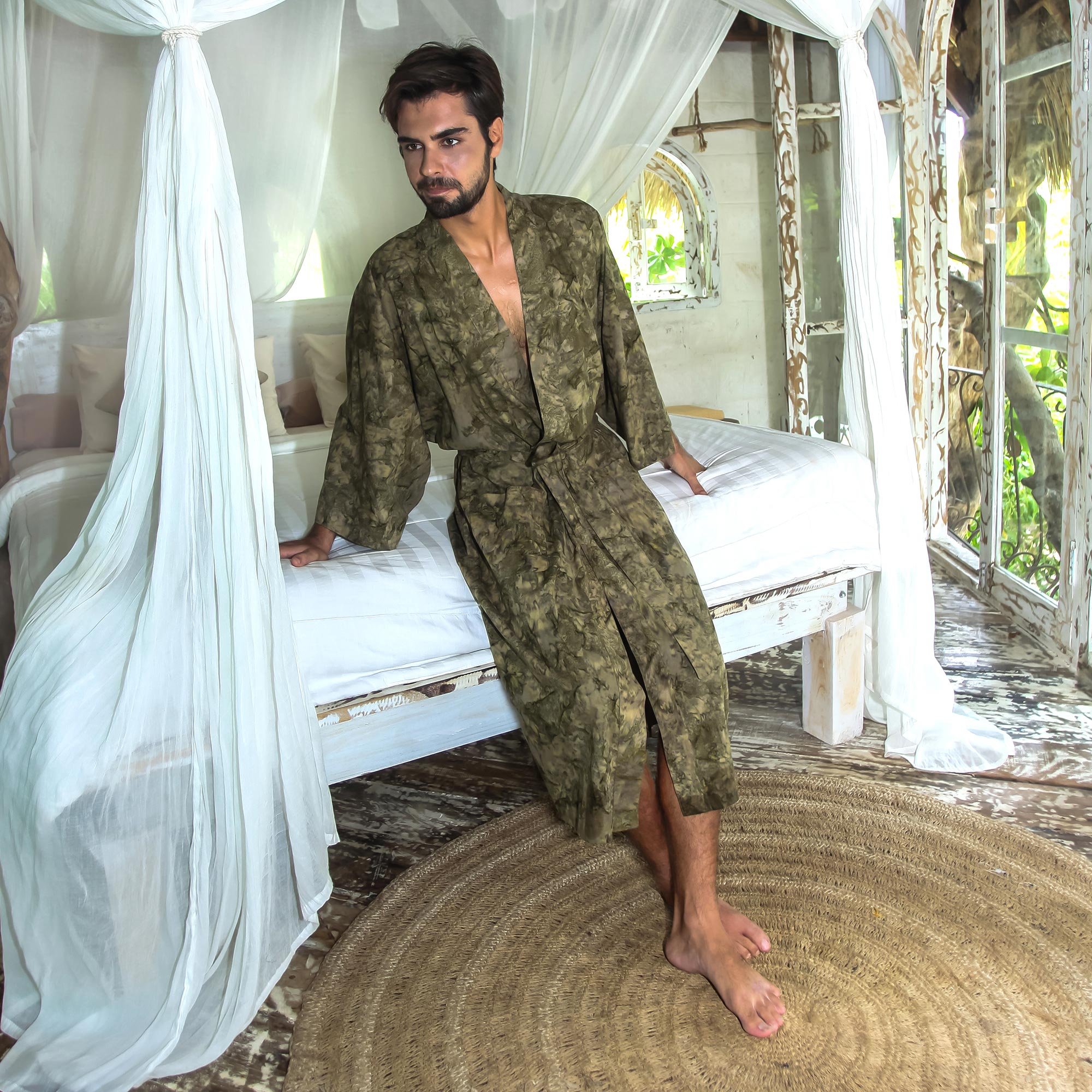 Premium Men's Green Moss Printed Robe - Handmade Luxury