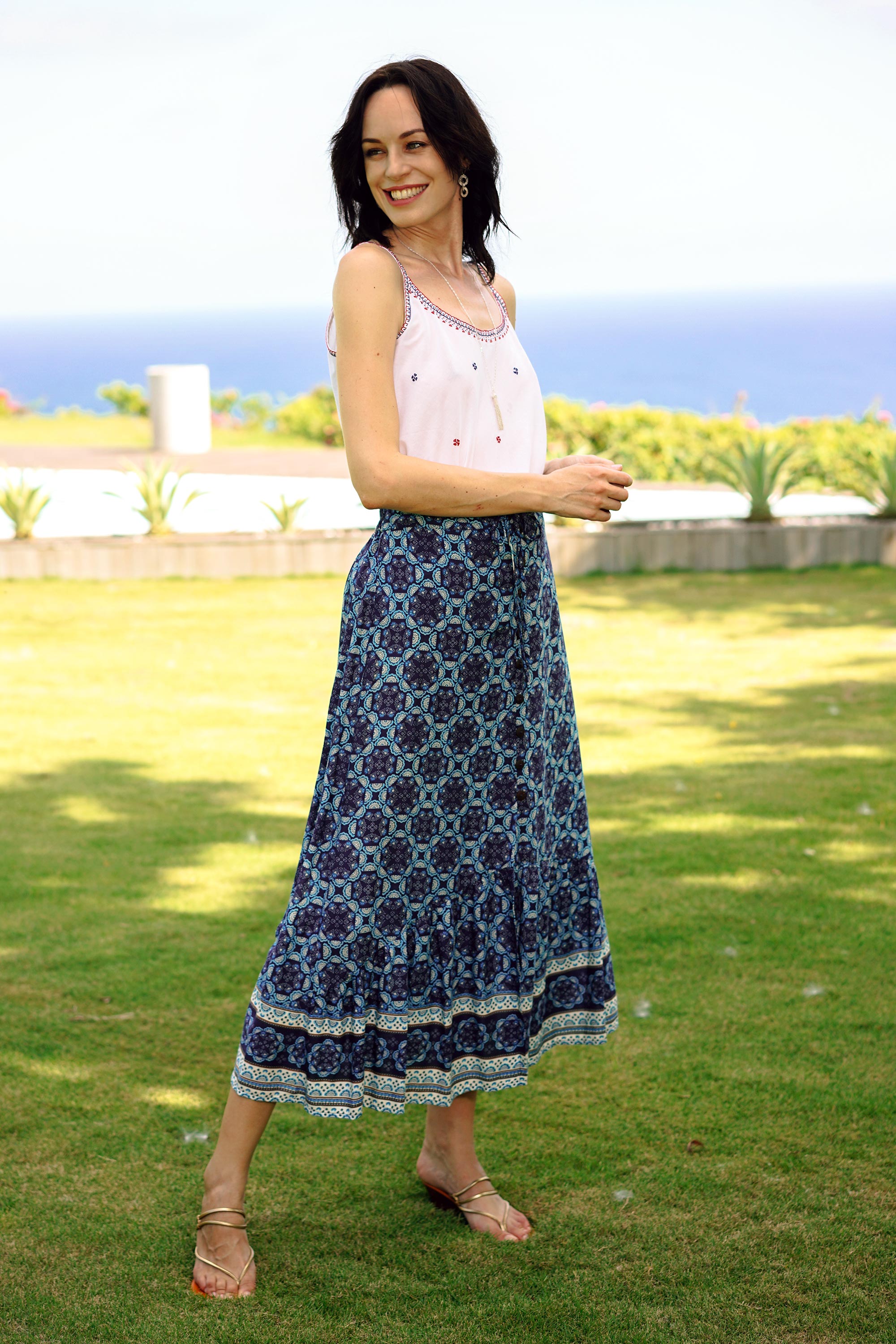 Premium Blue Rayon Maxi Skirt with Floral Motif - Elegant Evening Wear from Thailand