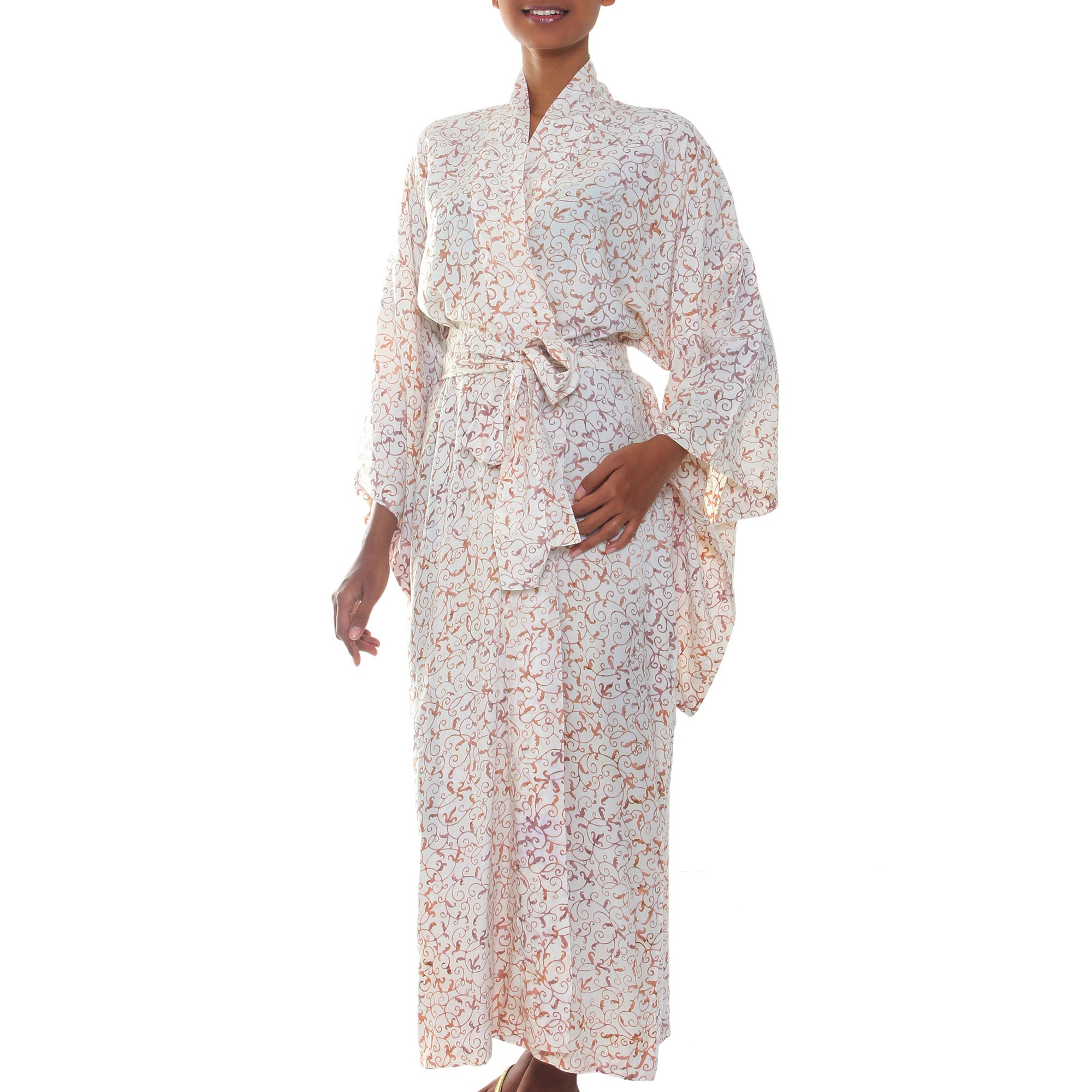 Premium Bali Arabesques White Floral Batik Robe - Ultimate Elegance