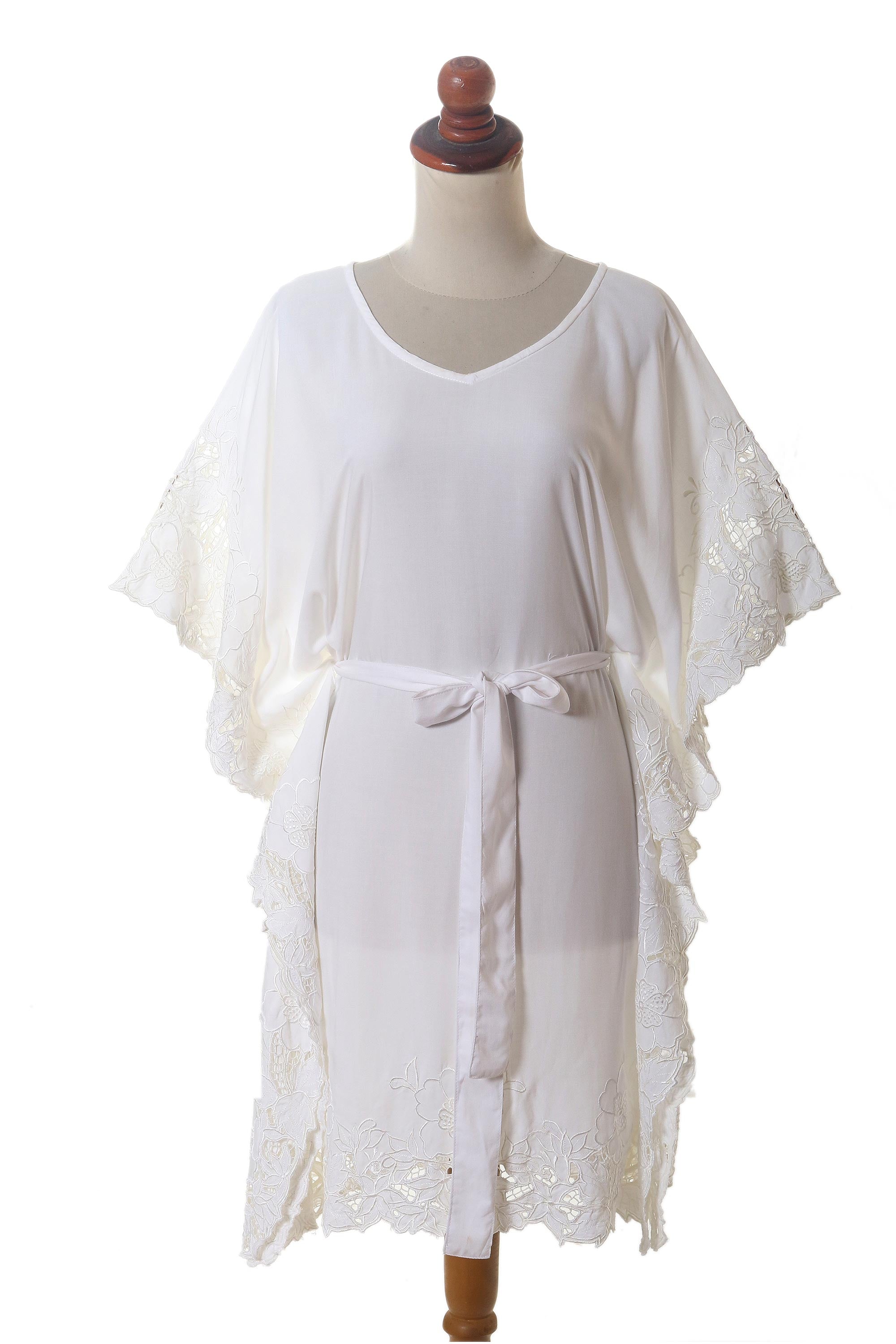 Premium White Rayon Caftan with Lace Detailing - Handcrafted in Bali