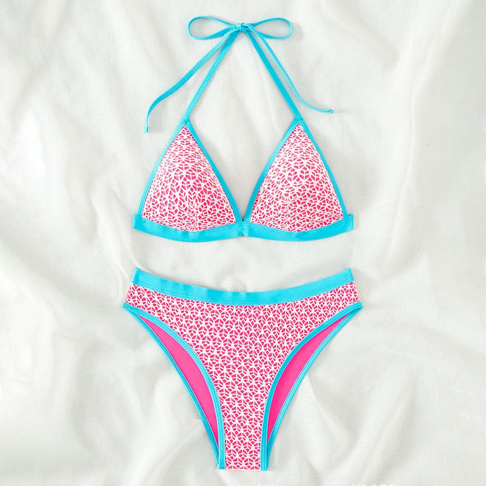 Premium Vibrant Print Contrast Cheeky Banded Triangle Bikini Set