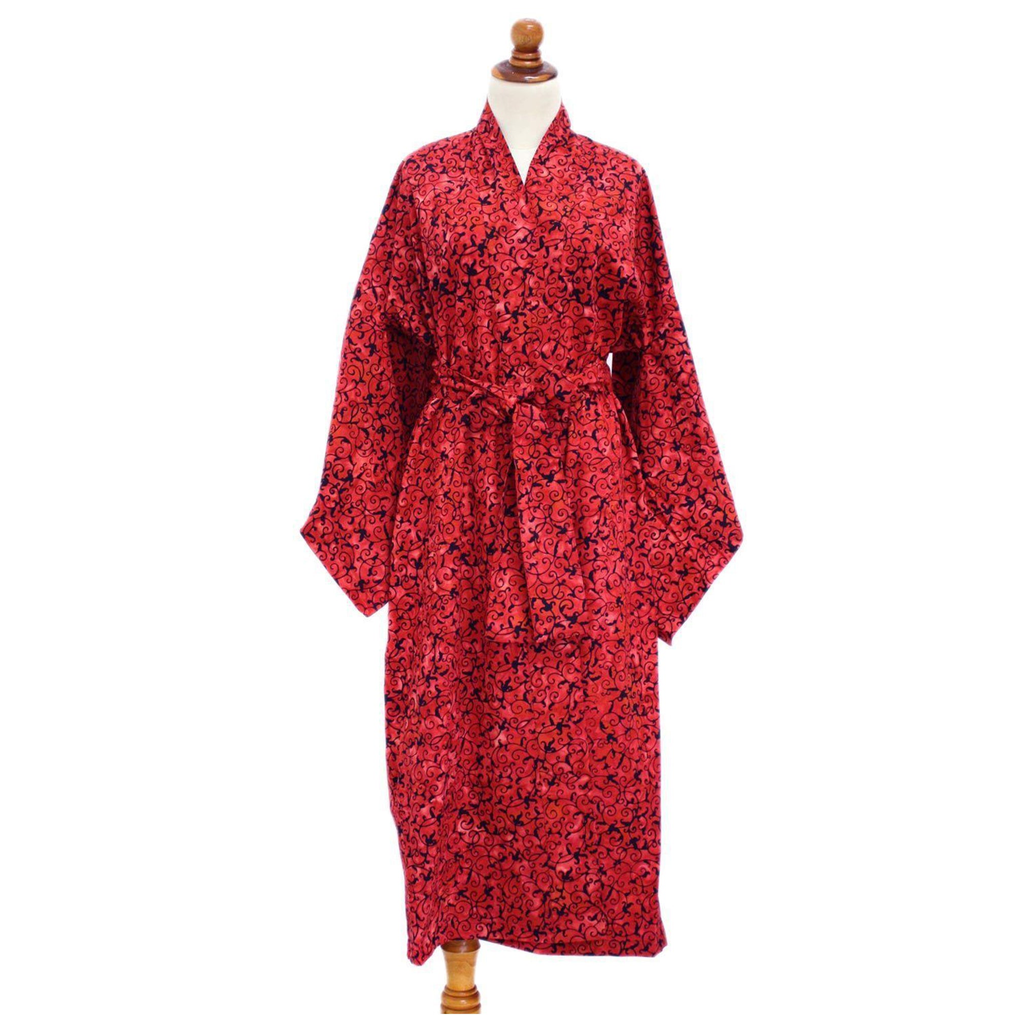 Premium Red Floral Cotton Batik Robe - Ultimate Comfort & Style