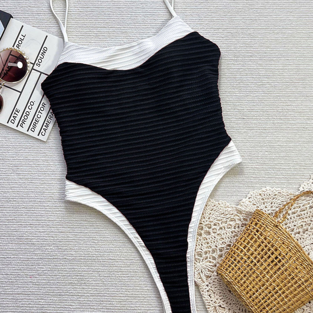 Ultimate Black & White Ribbed High-Leg Swimsuit with Cutout Back