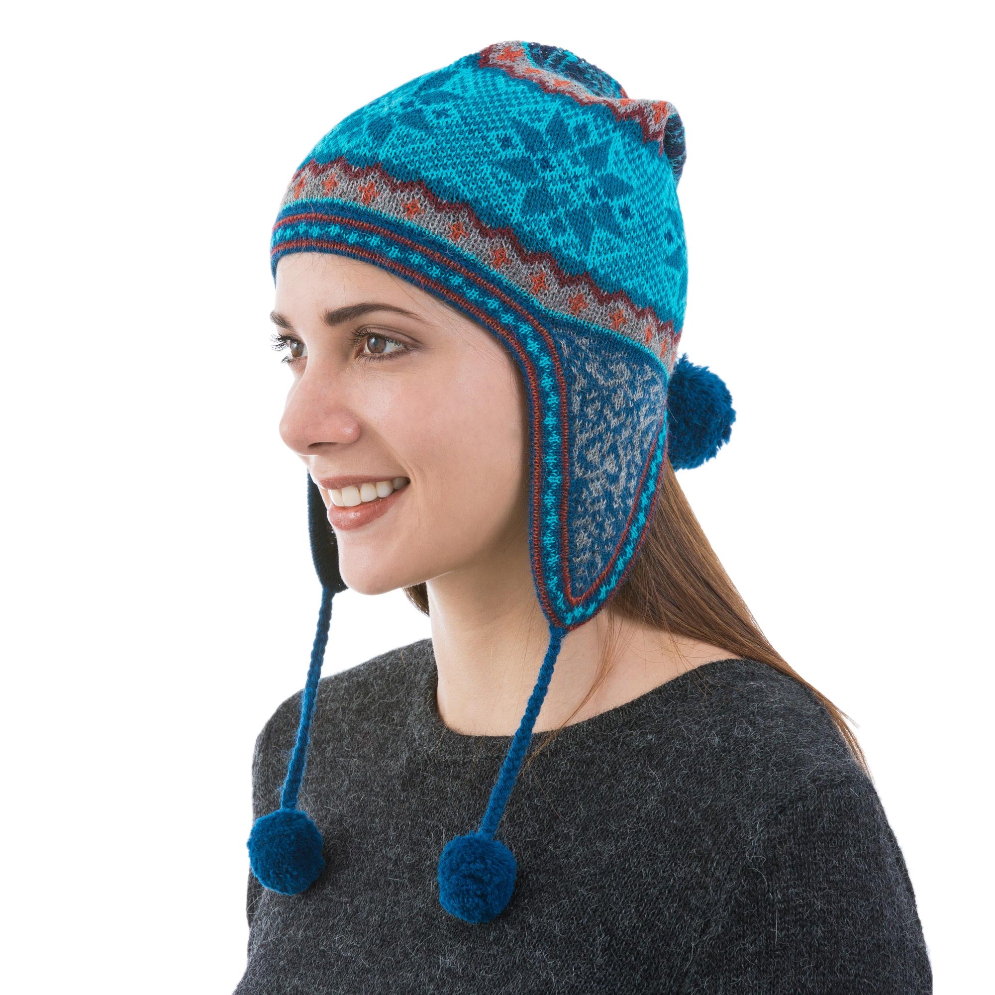 Premium Andean Alpaca Chullo Hat - Azure & Smoke Snowflake Design