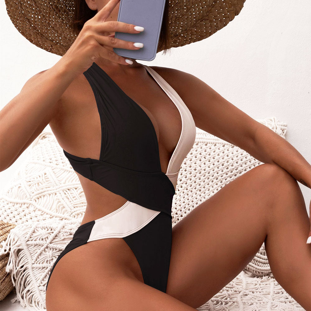 Ultimate Contrast Deep V Brazilian One-Piece Swimsuit - Premium Beachwear