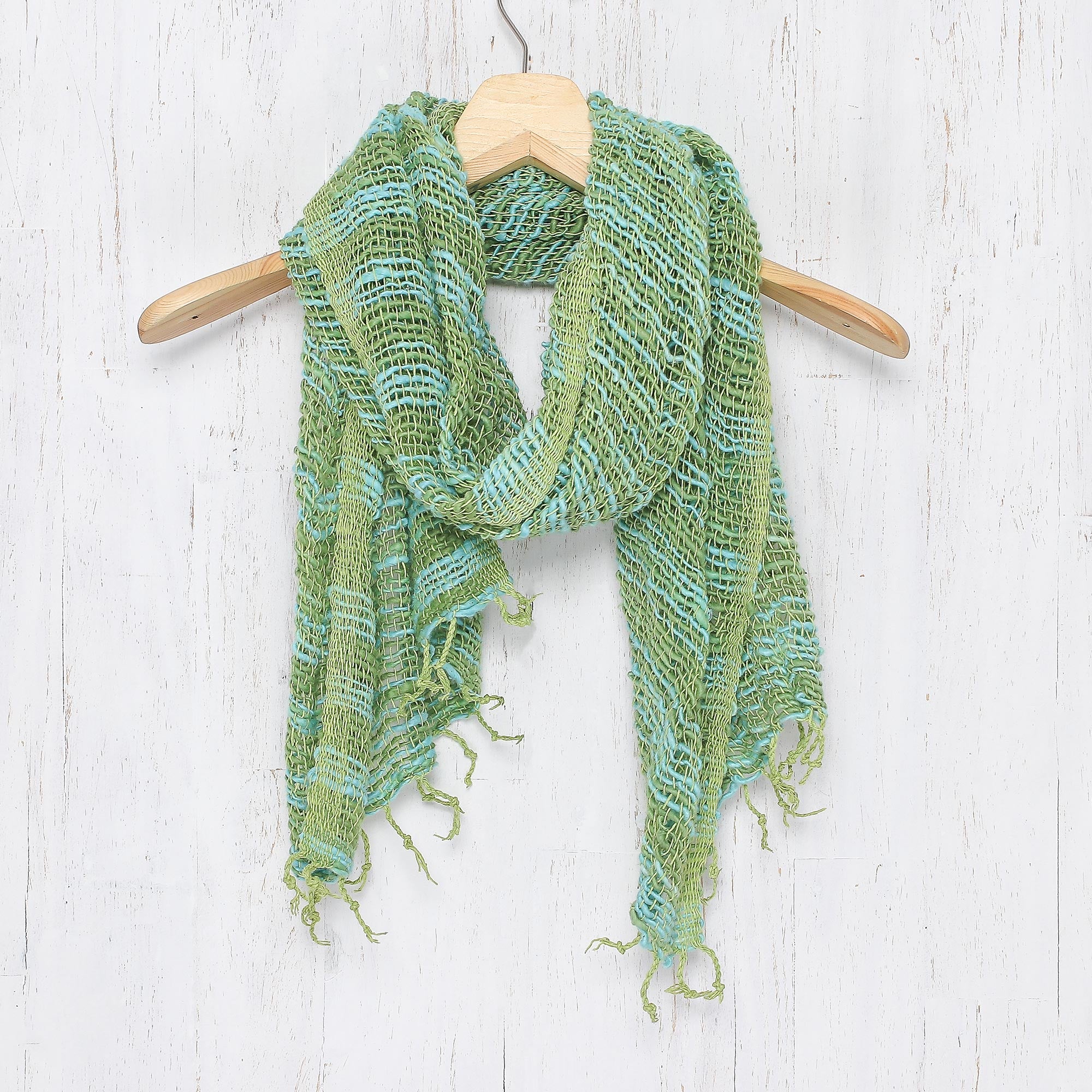 Premium Handwoven Thai Cotton Scarf - Breezy Blue & Green