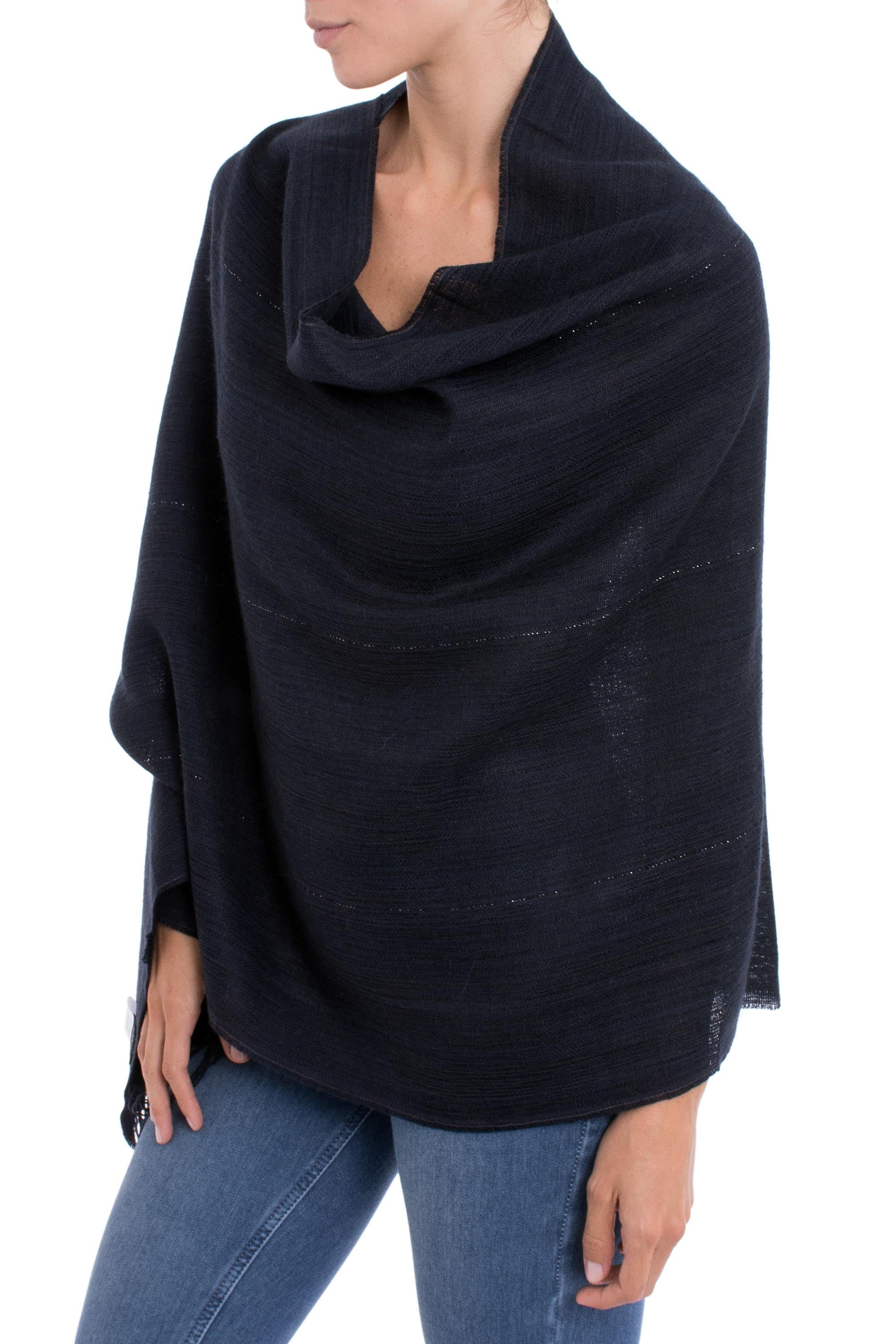 Premium Midnight Blue Alpaca Shawl – Handwoven in Peru