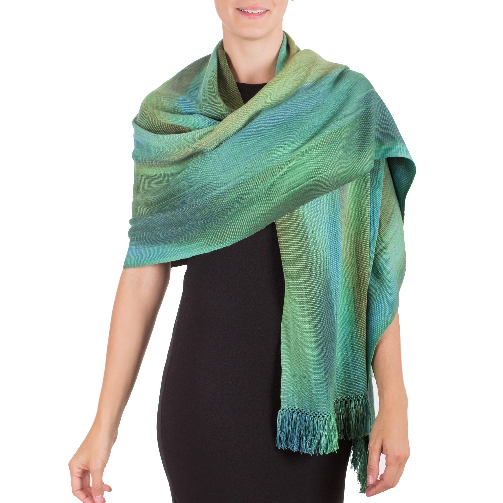 Premium Handwoven Rayon Chenille Shawl in Serene Green & Turquoise