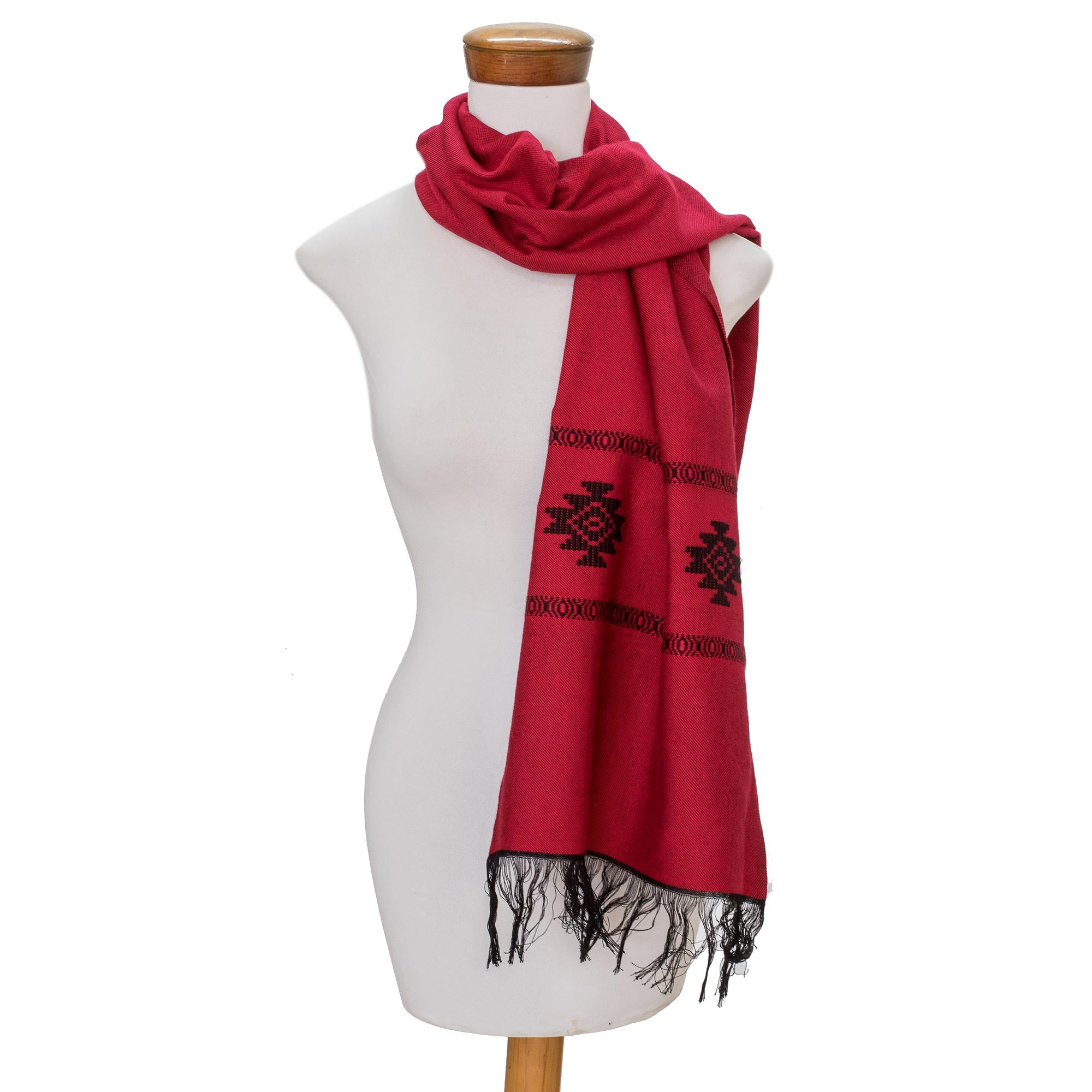 Premium Red Cotton Blend Scarf with Stepped-Fret Rhombus Design