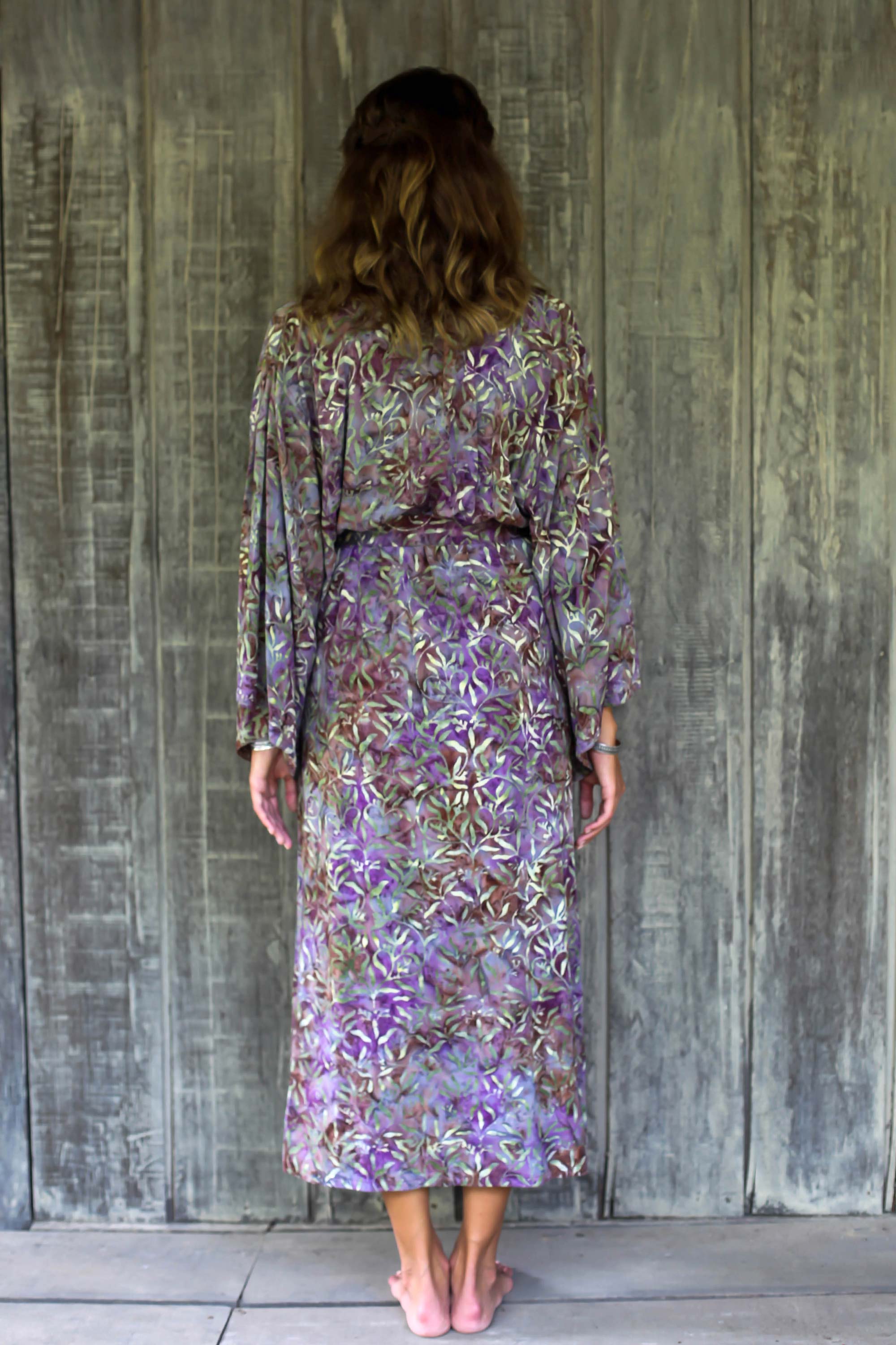 Premium Floral Mansion Rayon Robe - Sienna & Purple Batik Design