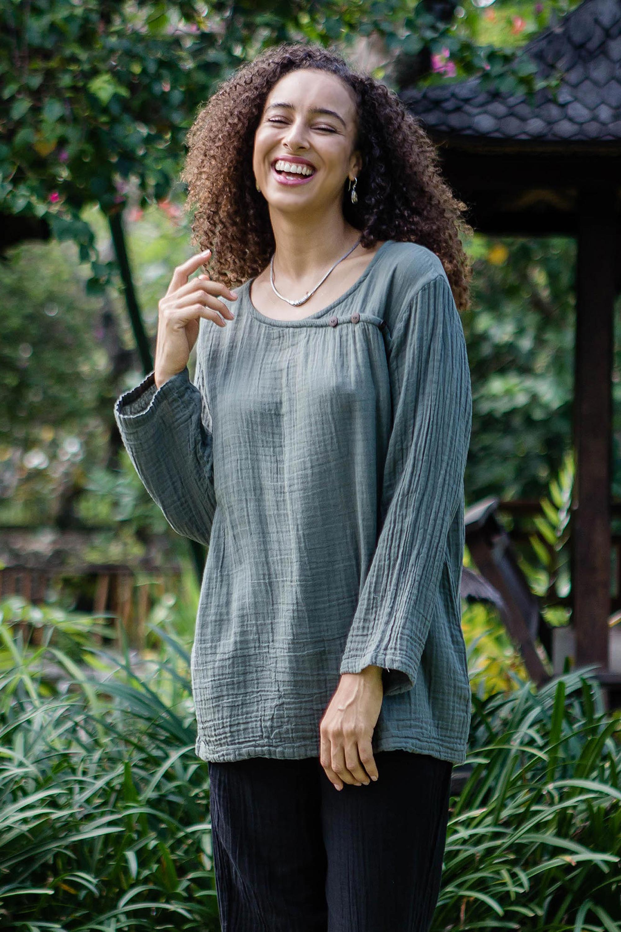 Ultimate Sage Grey Cotton Double Gauze Blouse – Modern Elegance