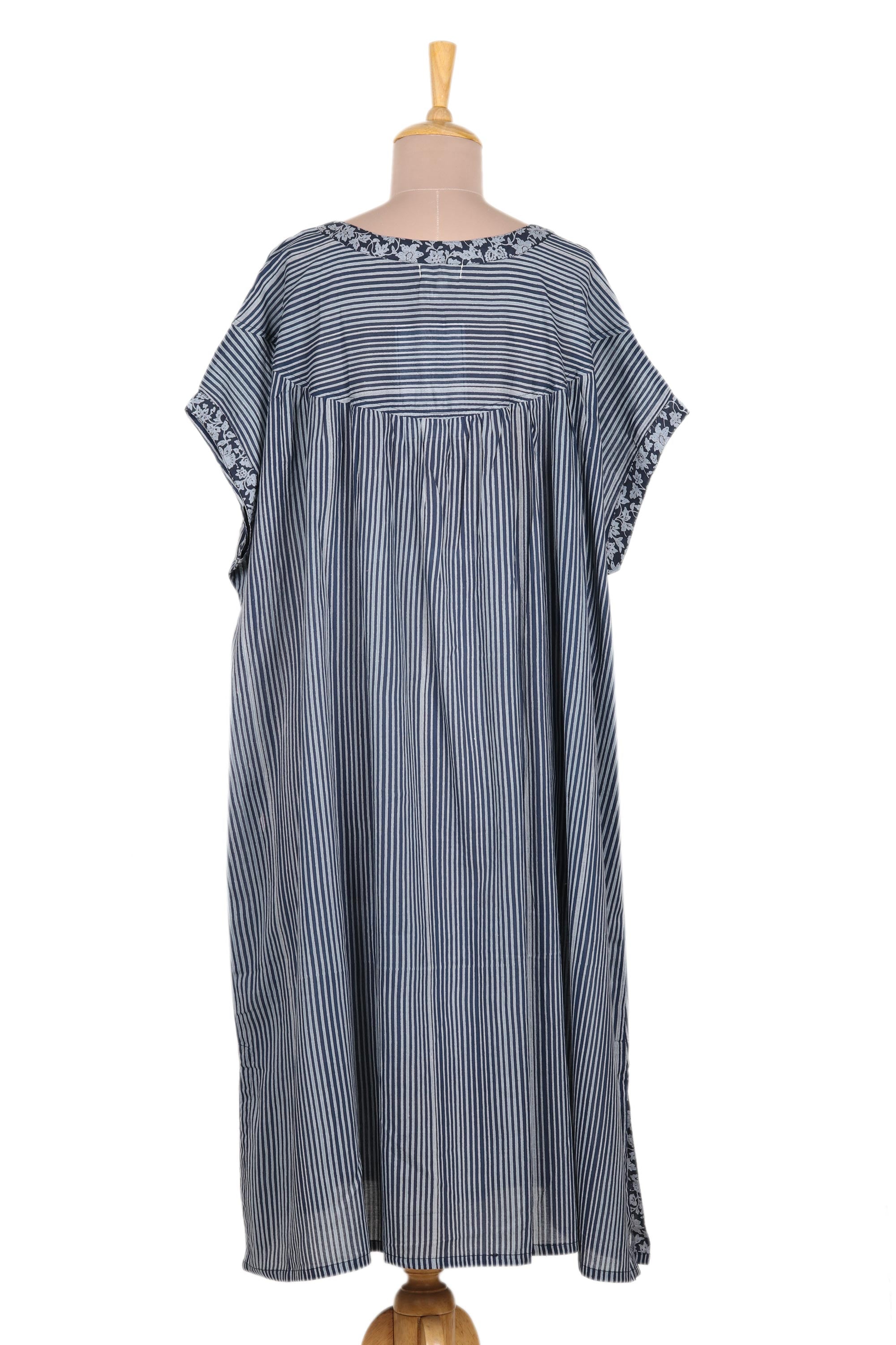 Premium Striped & Floral Cotton Caftan Dress - Dark & Light Blue