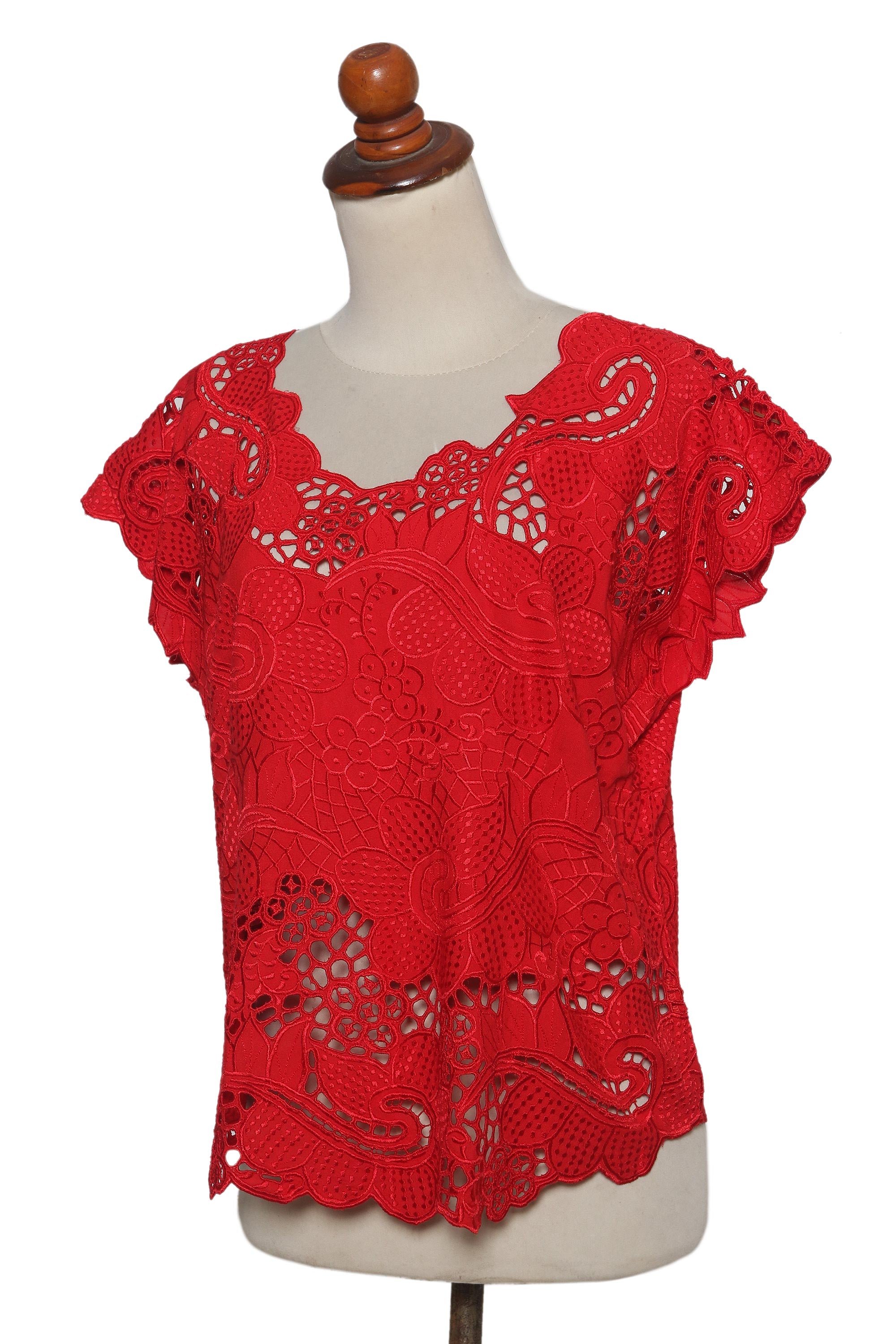 Premium Red Rose Mallow Rayon Top - Elegant Floral Openwork & Hand Embroidery