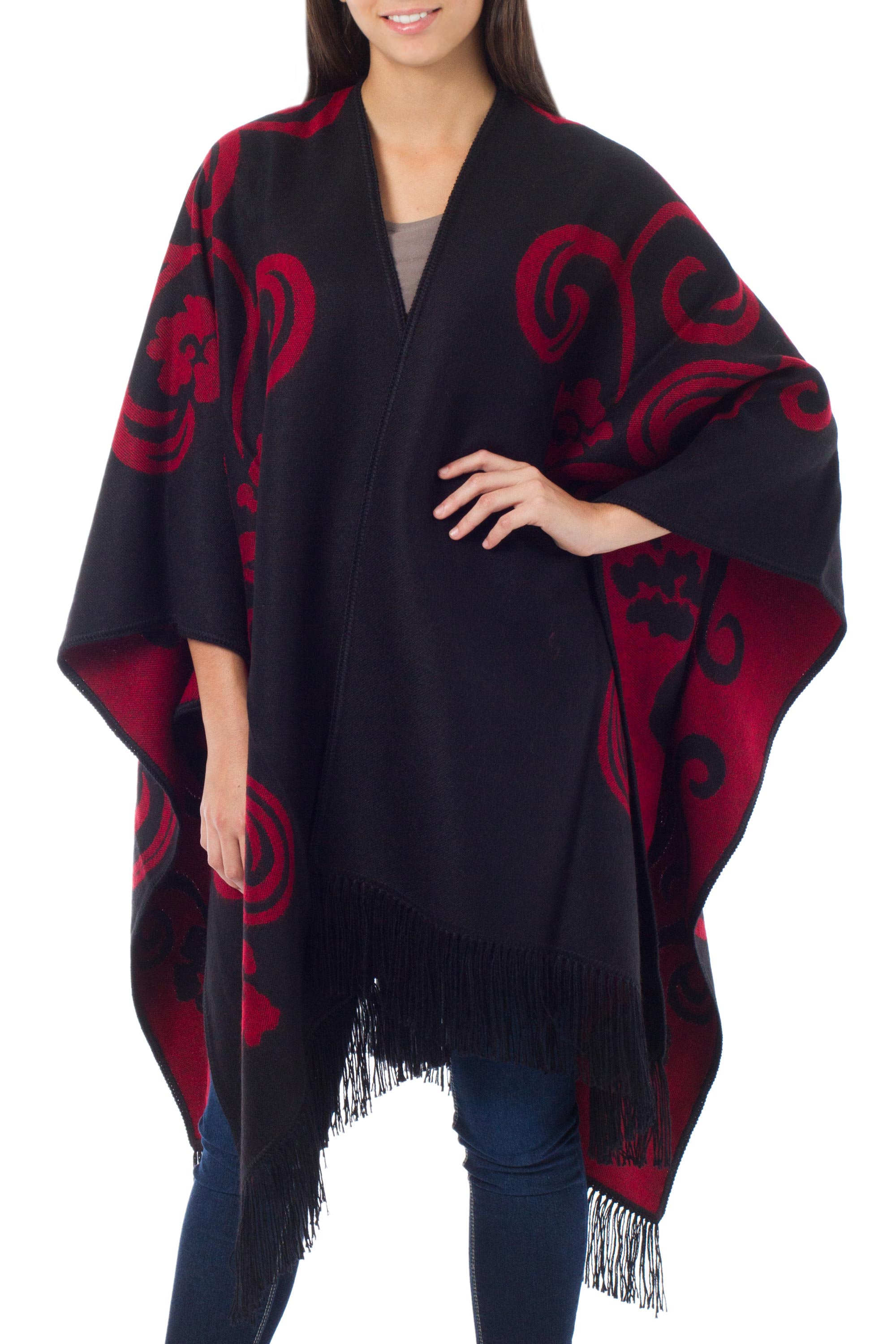 Premium Reversible Alpaca Poncho – Strawberry Blossom Design