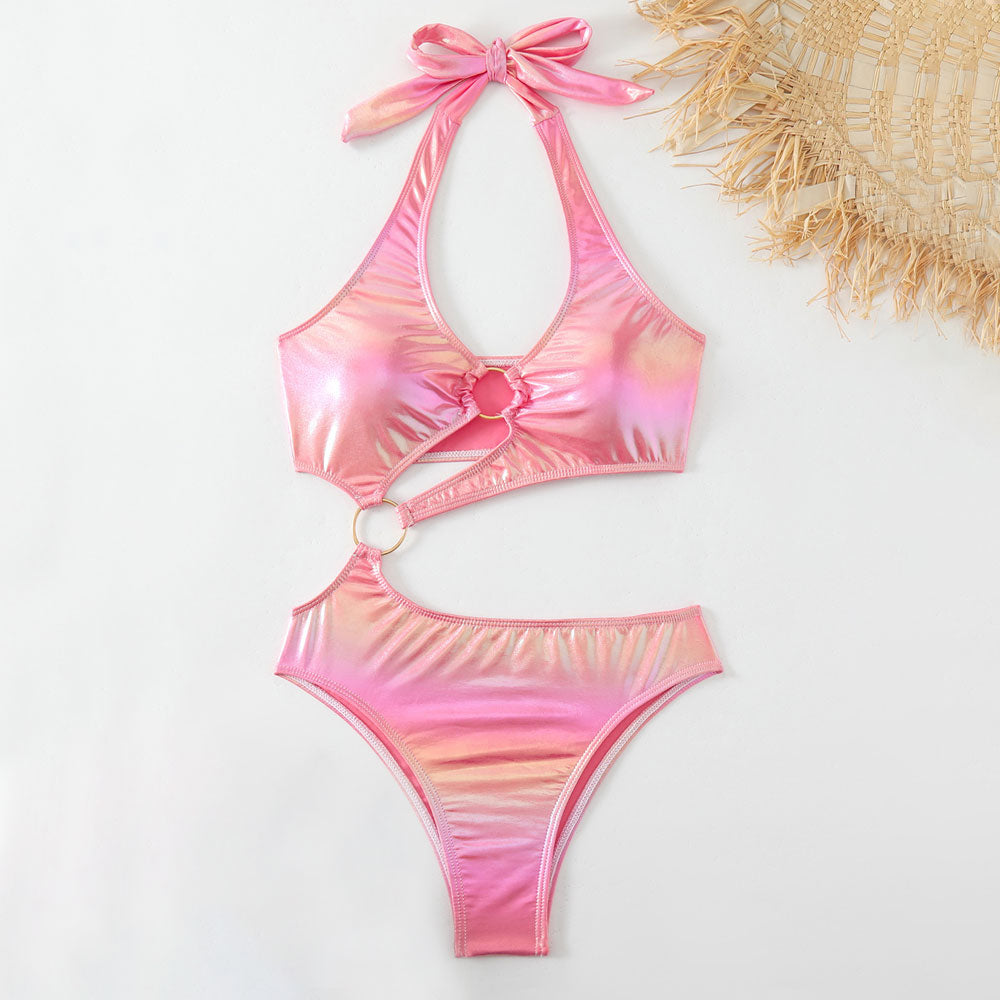 Premium Asymmetrical Metallic O-Ring Halter One-Piece Swimsuit