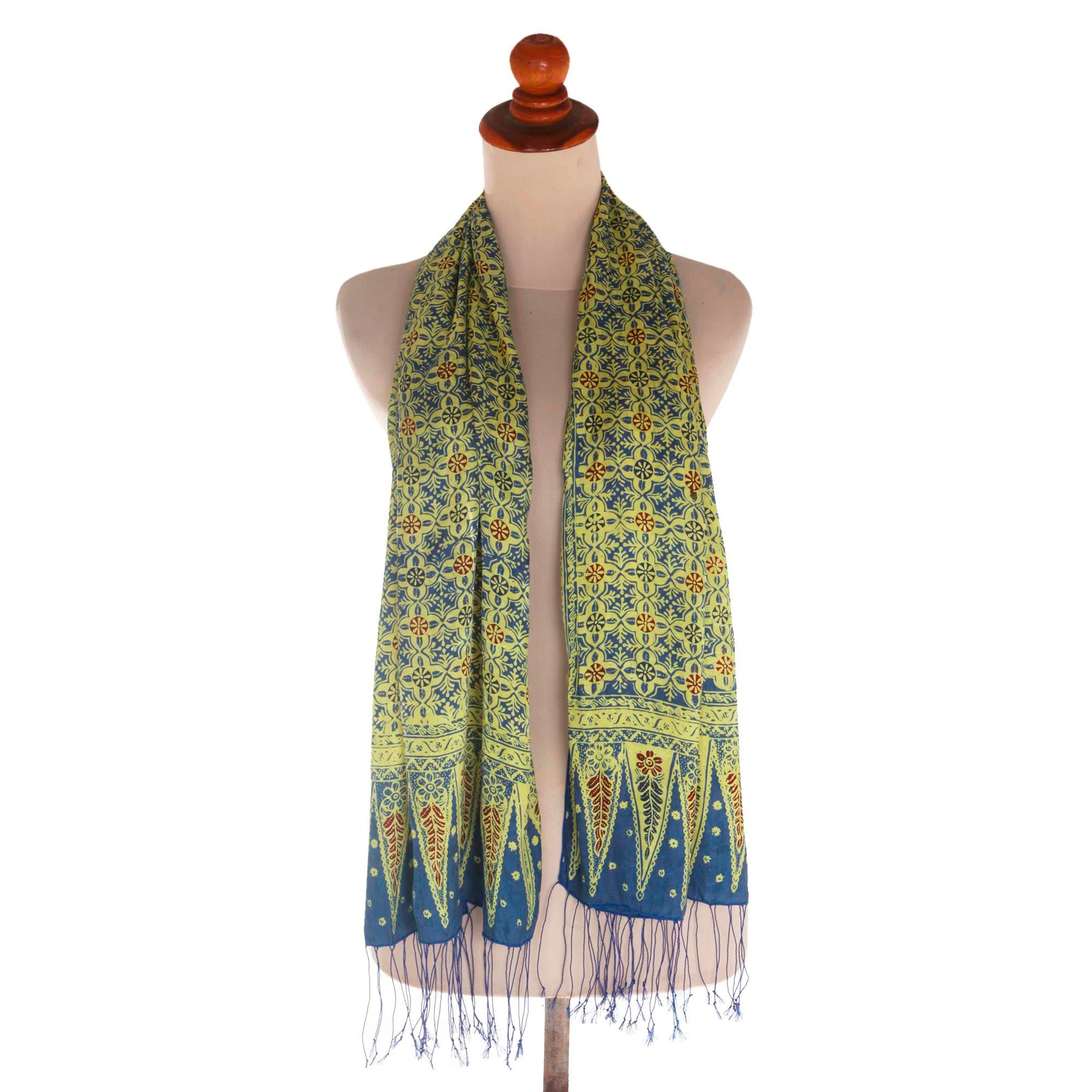 Premium Truntum World Silk Scarf in Chartreuse & Denim