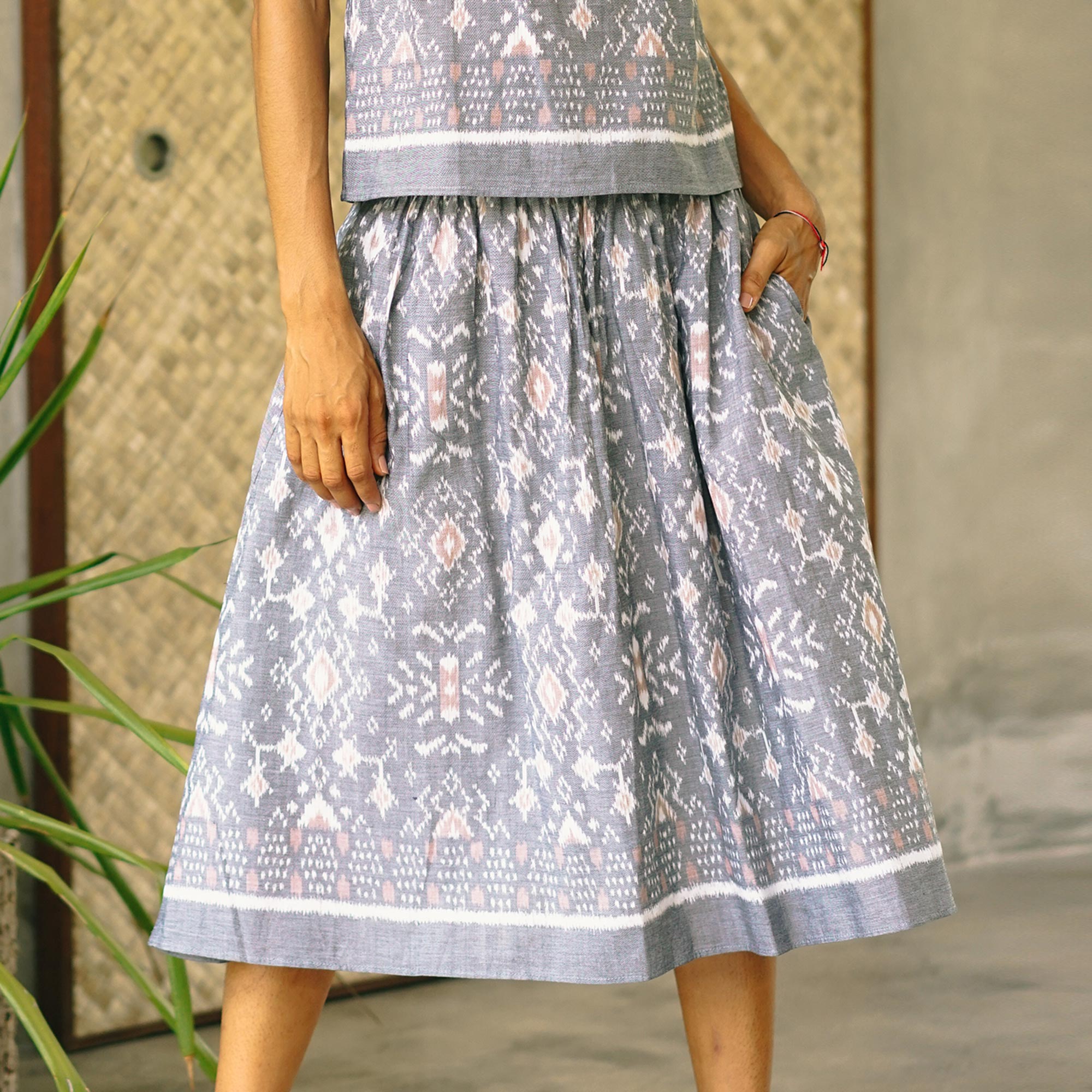 Premium Hand-Woven Ikat Midi Skirt - Soft Cotton Summer Essential