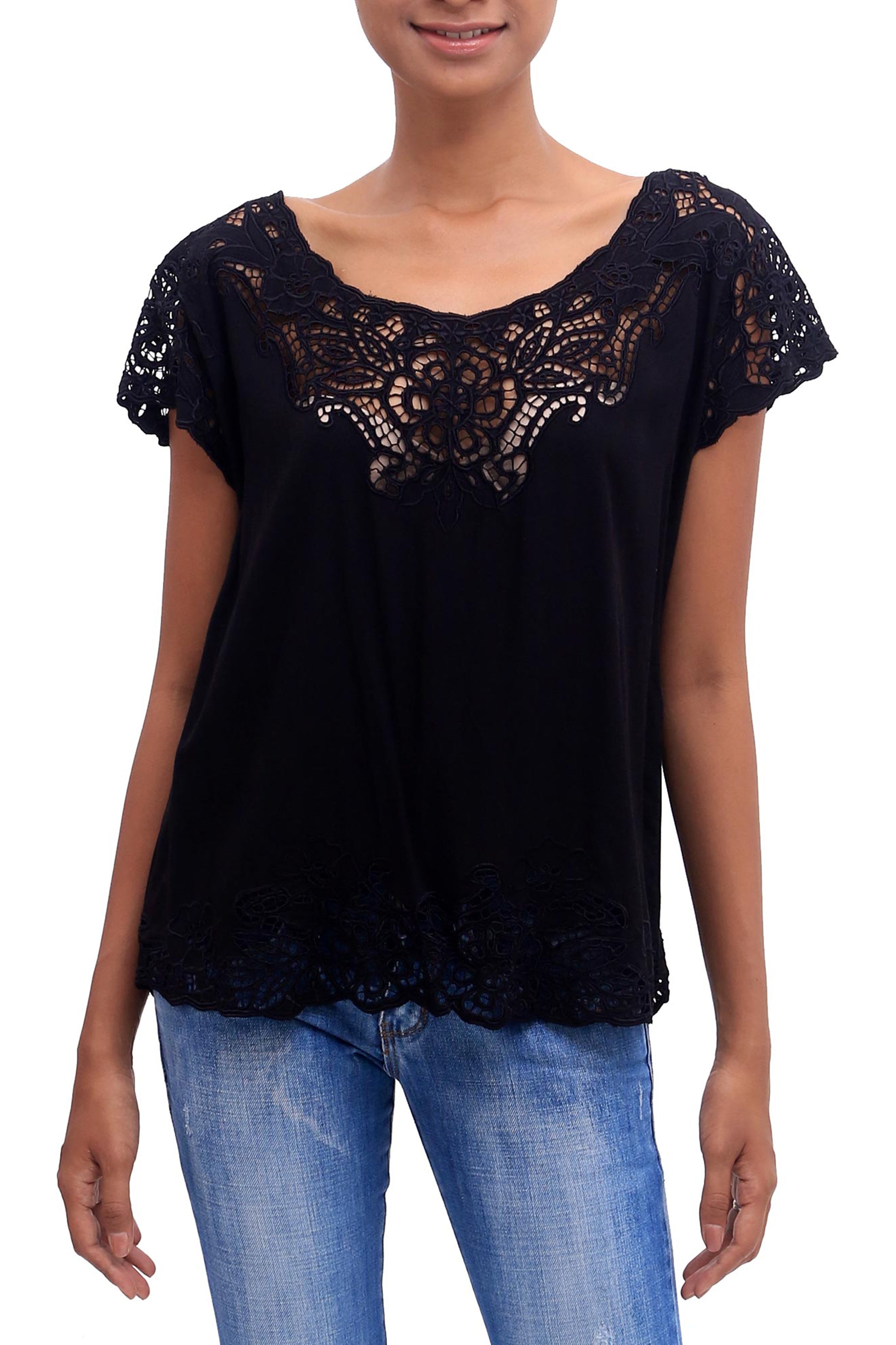 Premium Onyx Kusuma Hand-Embroidered Rayon Blouse from Bali – Ultimate Feminine Style