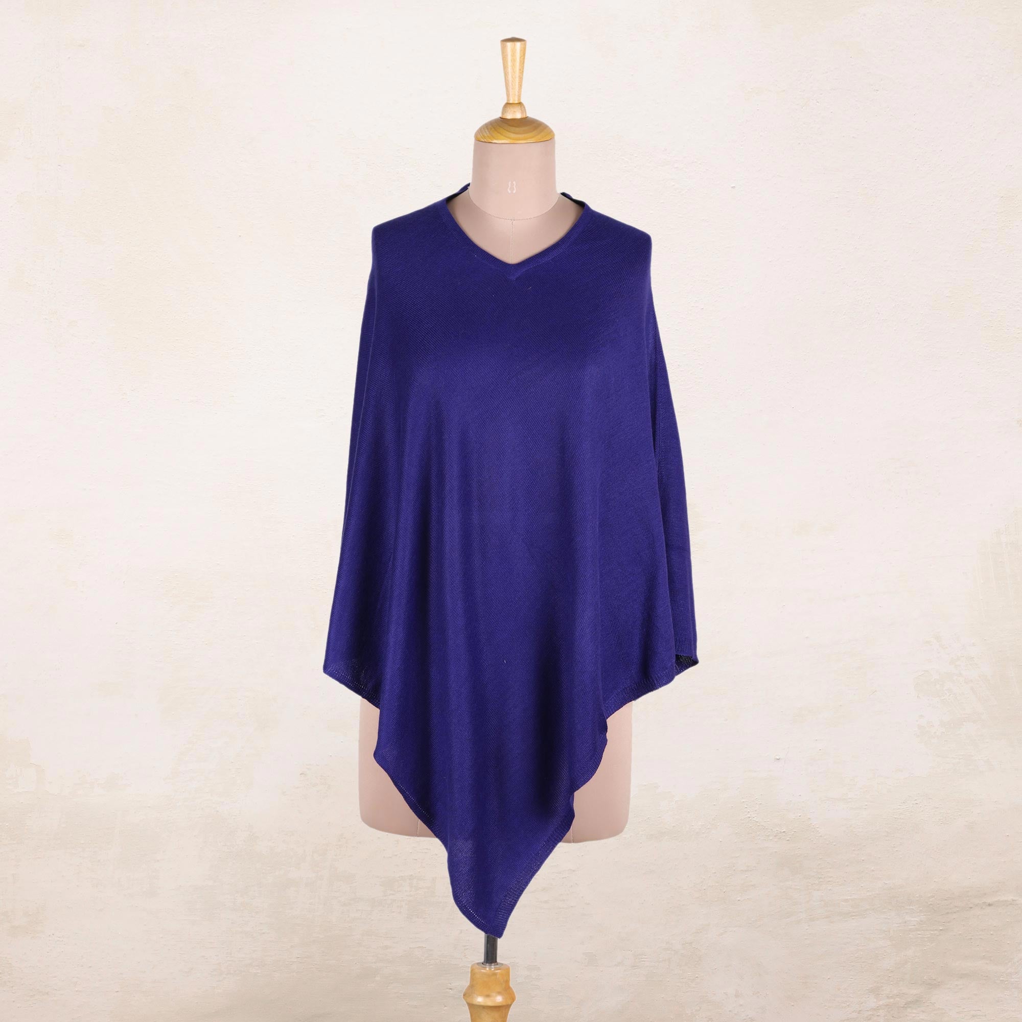 Premium Cobalt Blue Cashmere Wool Knitted Poncho – Ultimate Warmth