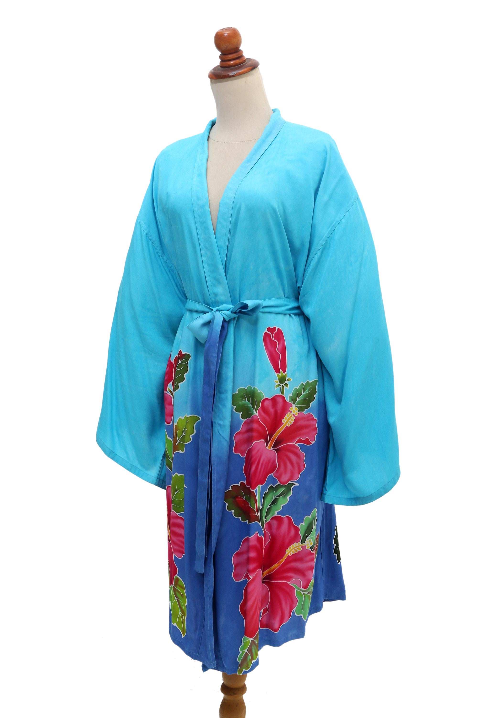 Premium Hand-Painted Blue Rayon Robe with Lotus Motif from Bali