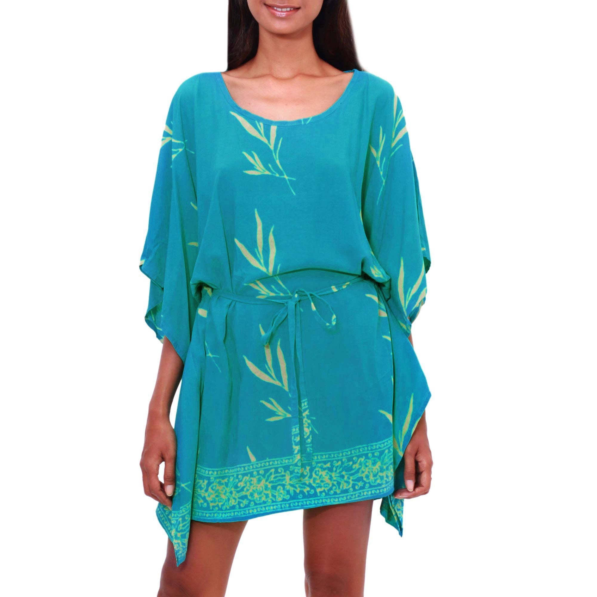 Premium Balinese Breeze Caftan: Turquoise & Lemon Batik Rayon